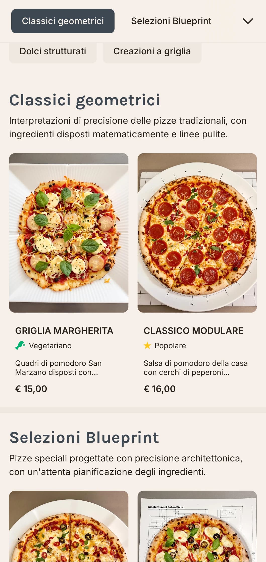 Menu pizza moderno e geometrico con layout a griglia ed elementi di design precisi.