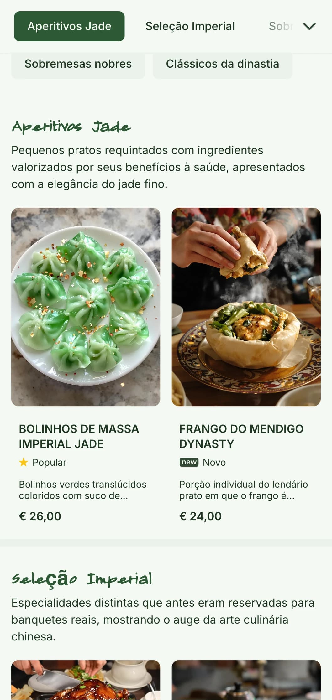 Design elegante de cardápio chinês com motivos de jade e elementos inspirados na dinastia para restaurantes de luxo e serviços de banquete.