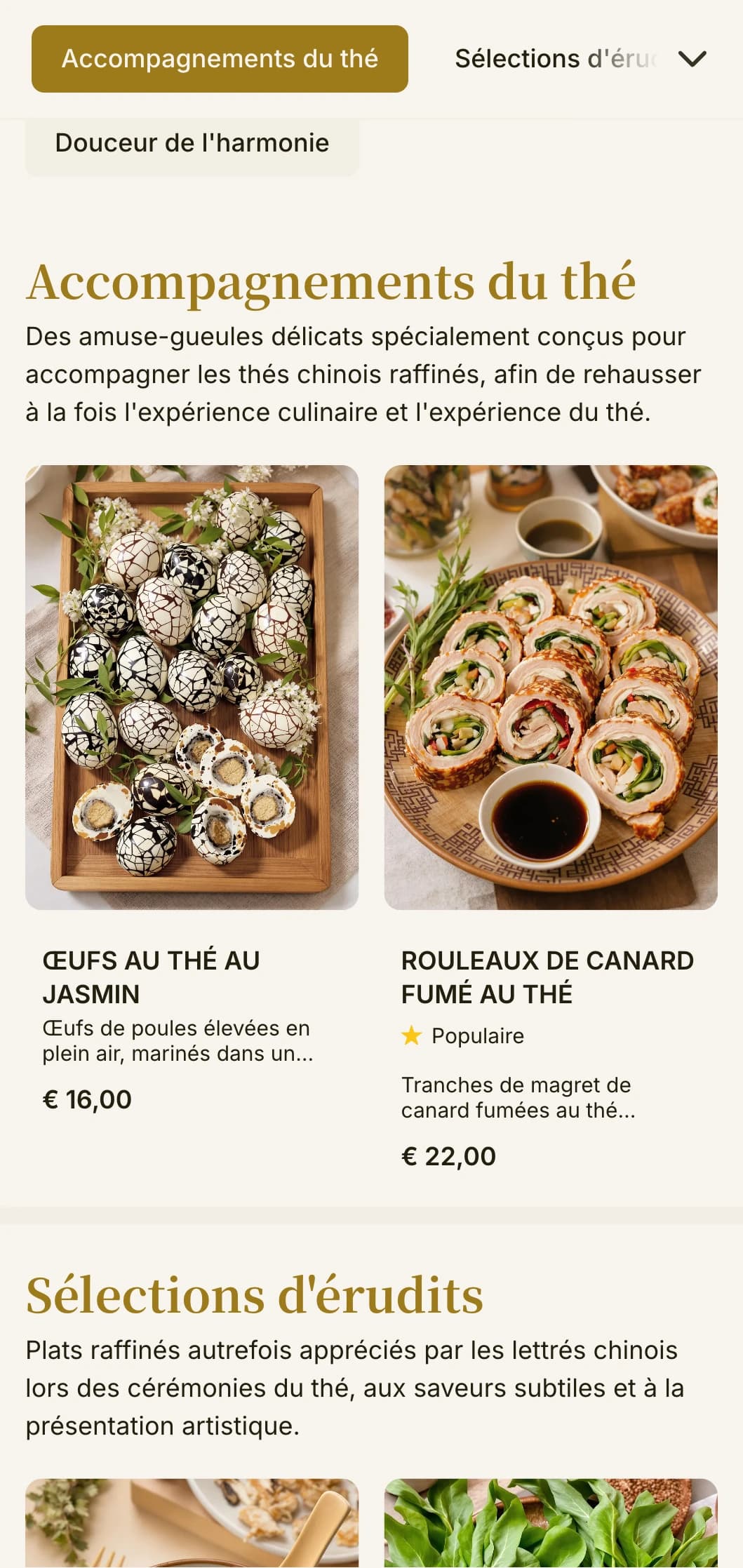 Menu chinois raffiné inspiré des cérémonies traditionnelles du thé, avec une typographie élégante et des éléments classiques pour les accords avec le thé.