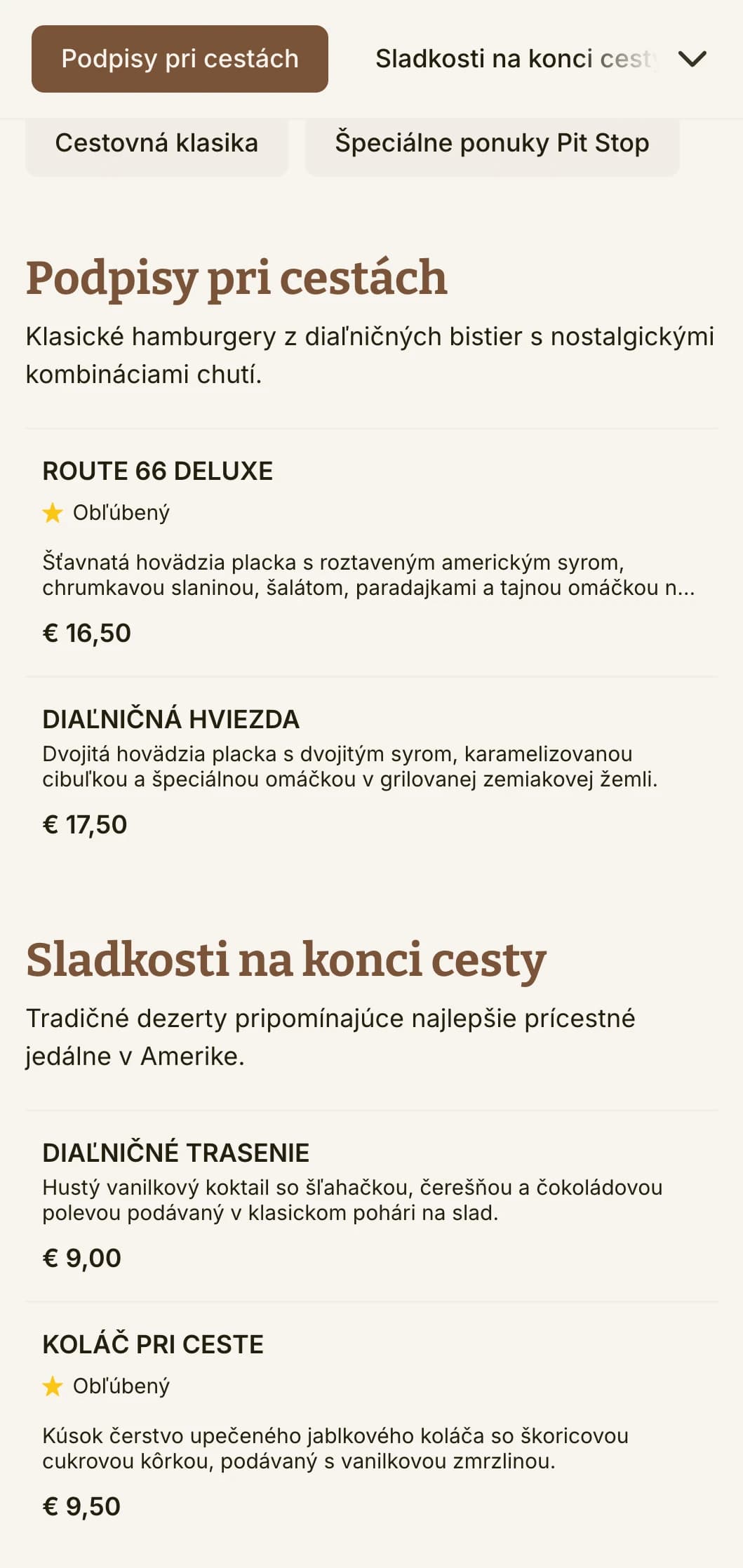 Burgerová reštaurácia inšpirovaná diaľnicami s historickými dopravnými značkami a klasickou nostalgiou amerických ciest.