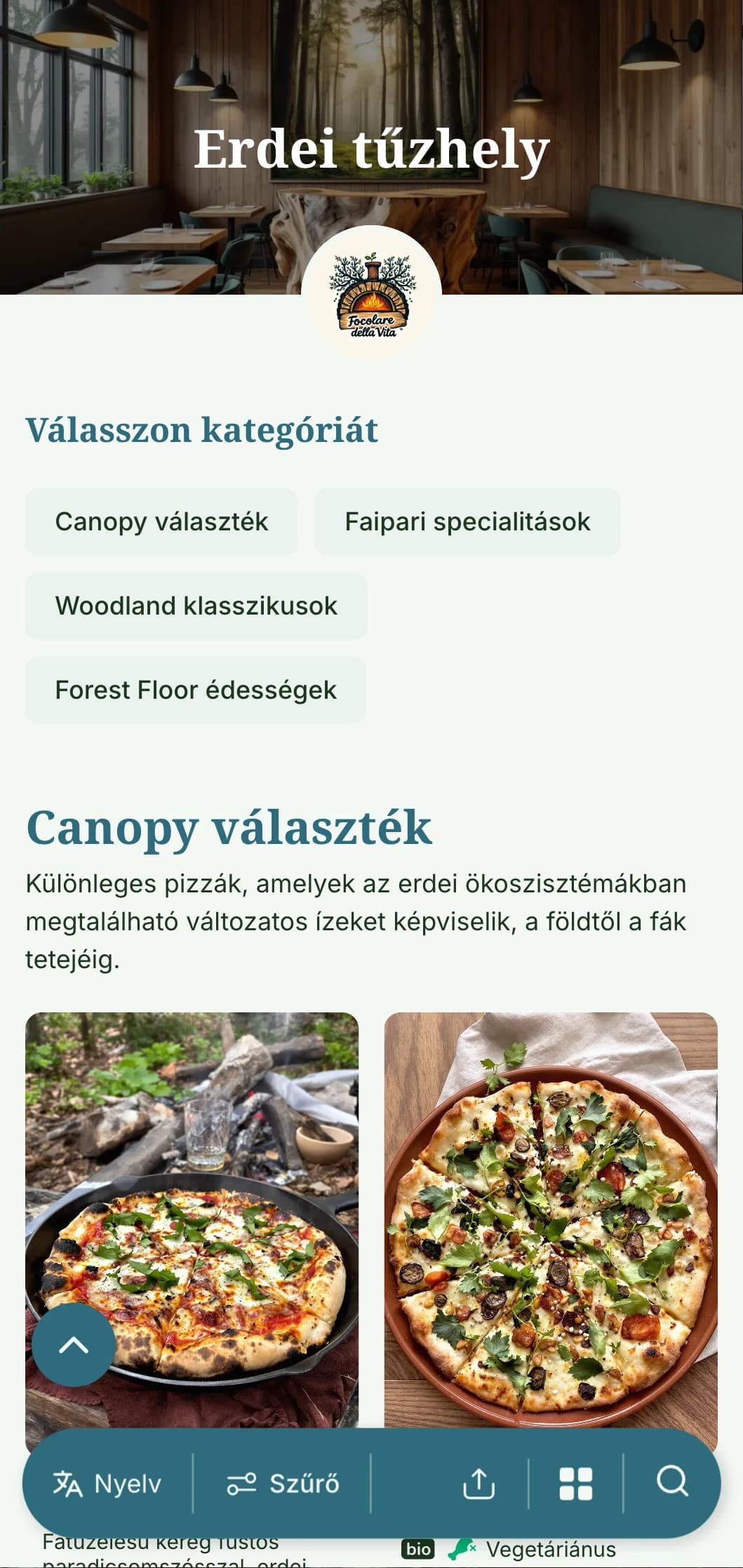 Erdei ihletésű pizzamenü erdei elemekkel és földszínű színpalettával.