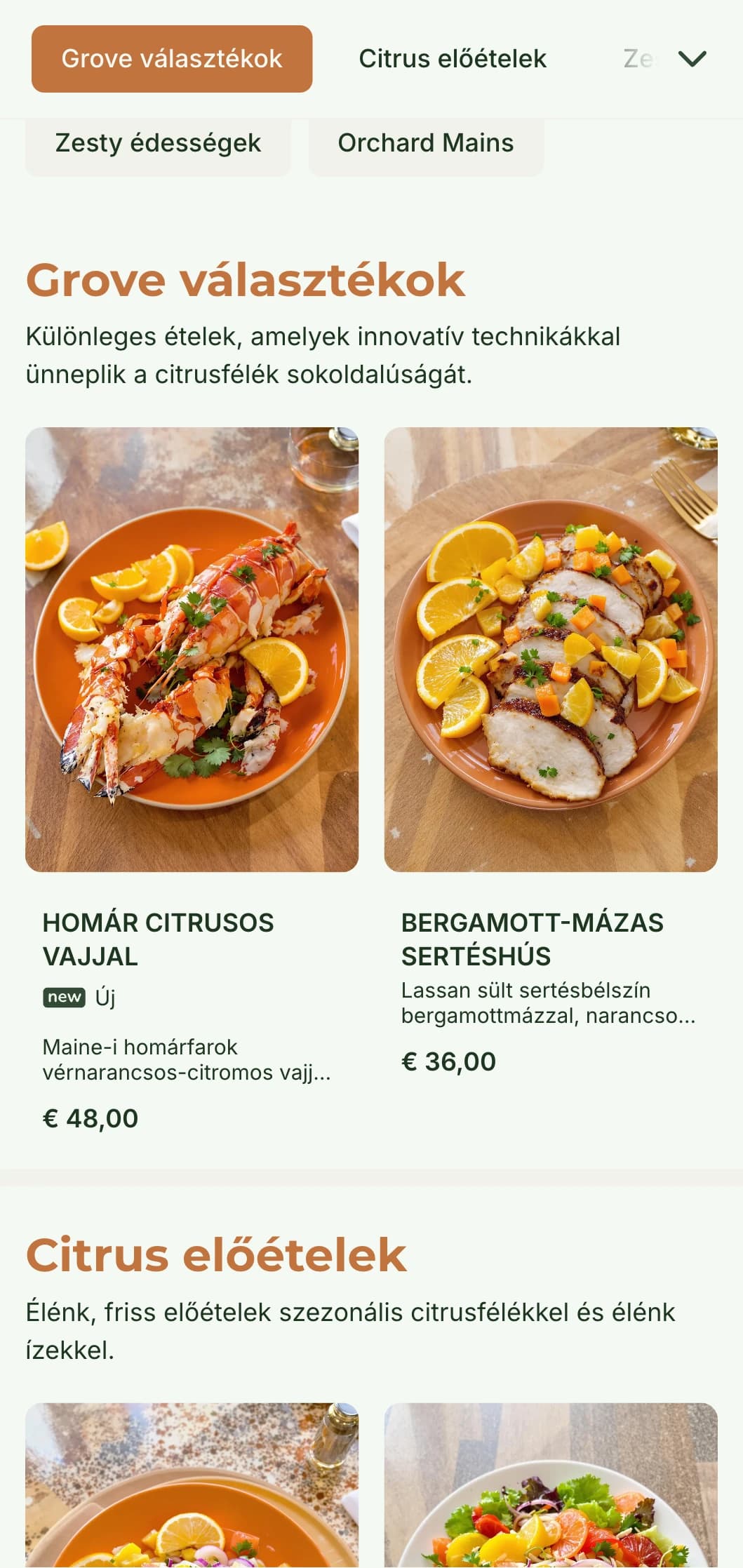 Világos, friss, citrusos tónusokat és természetes elemeket tartalmazó vacsora menü, amely tökéletes a mediterrán hatású éttermek számára.