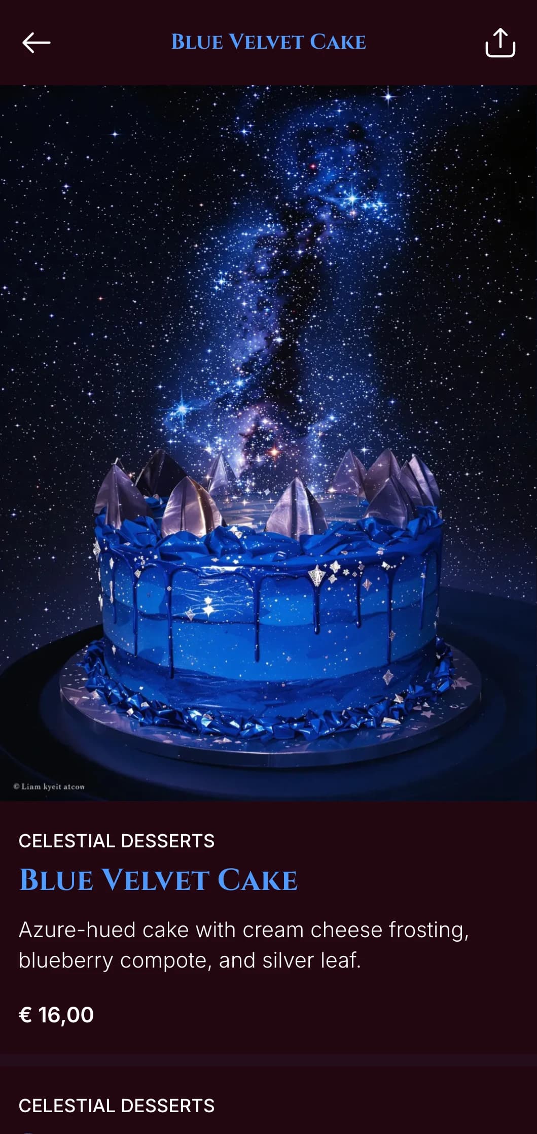 A dramatic midnight blue dinner menu with golden accents, designed for evening dining venues with a luxurious atmosphere.