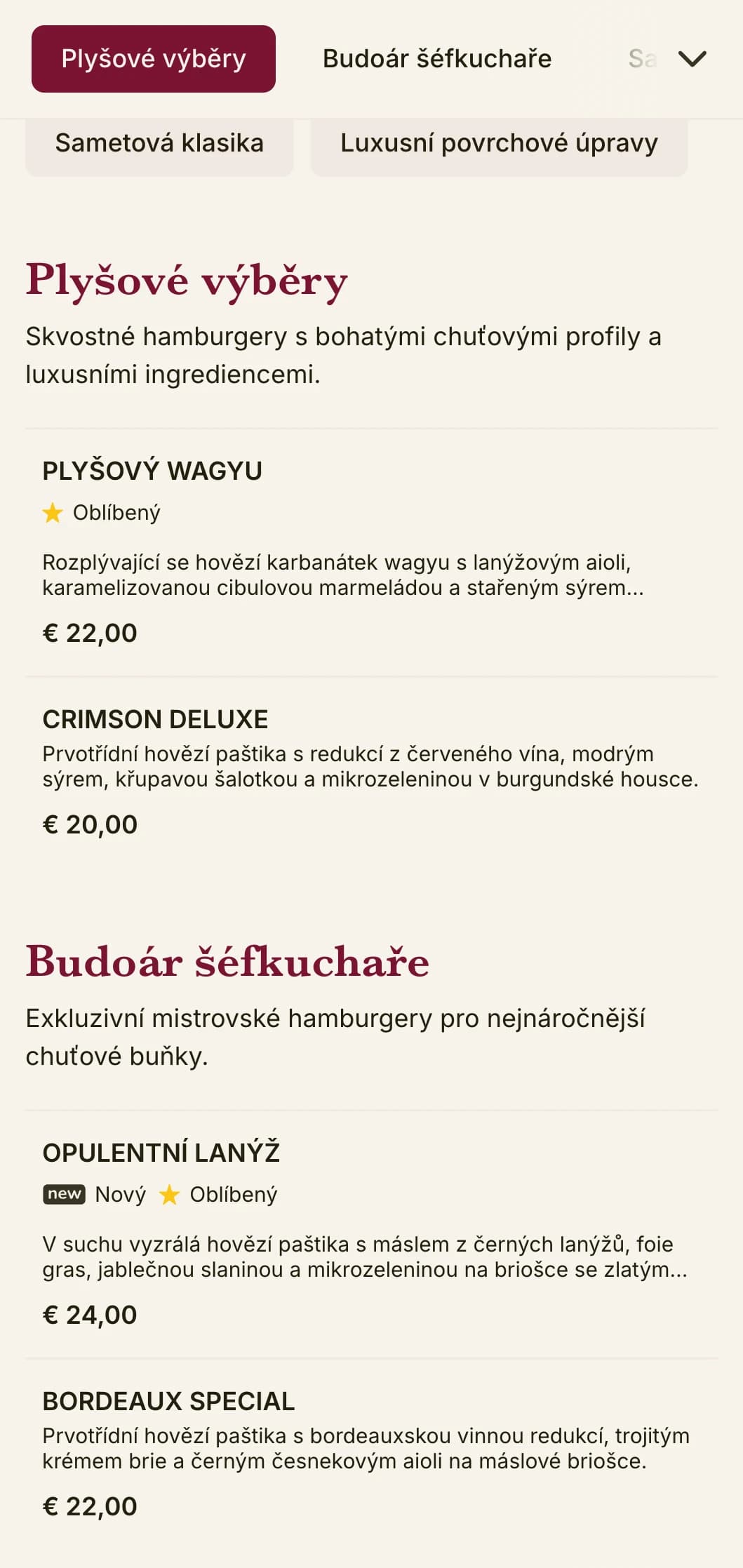 Luxusní hamburgerový salonek s bohatými texturami a bohatou prezentací.