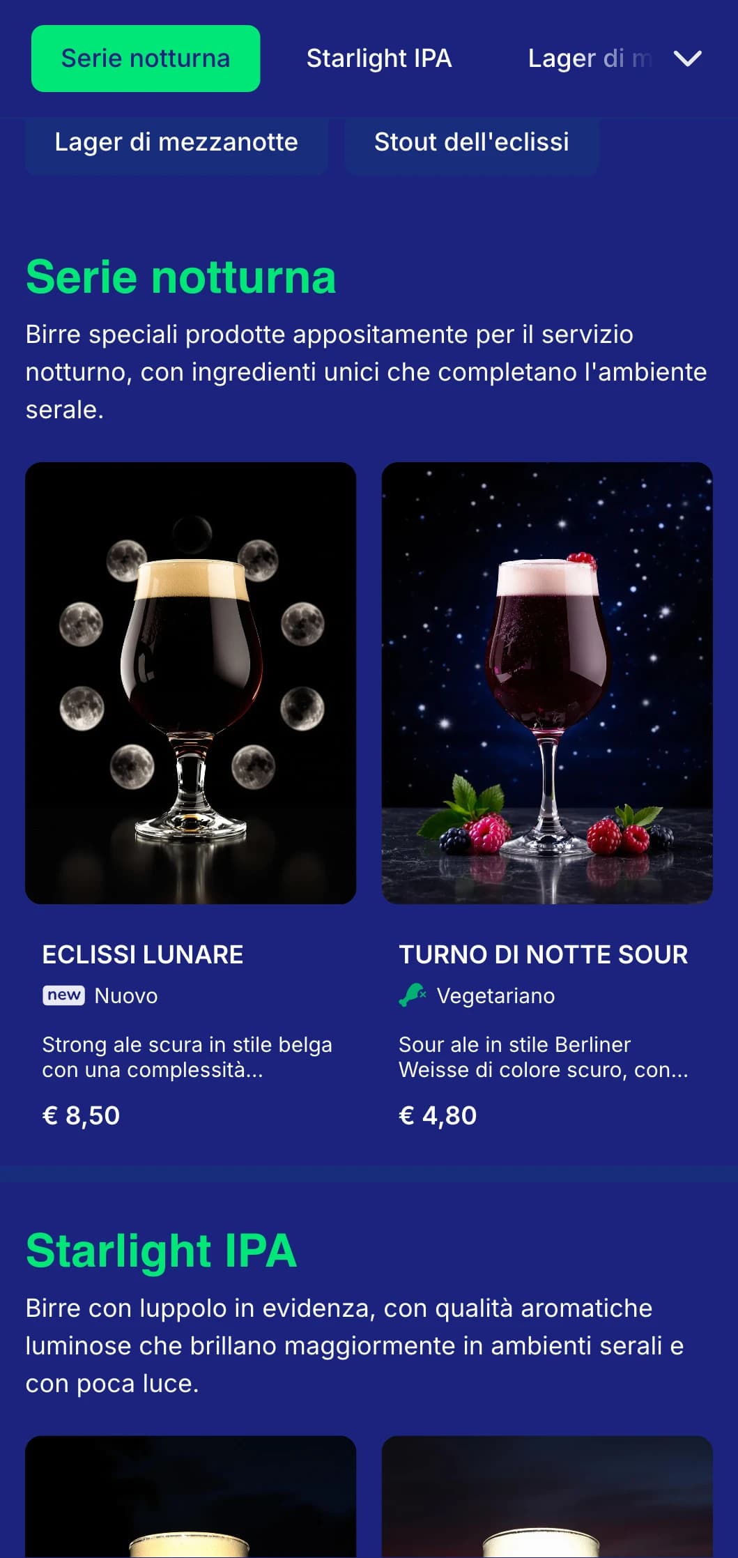 Design scuro e misterioso con toni blu notte ed elementi lunari, ideale per locali serali e birrerie notturne.