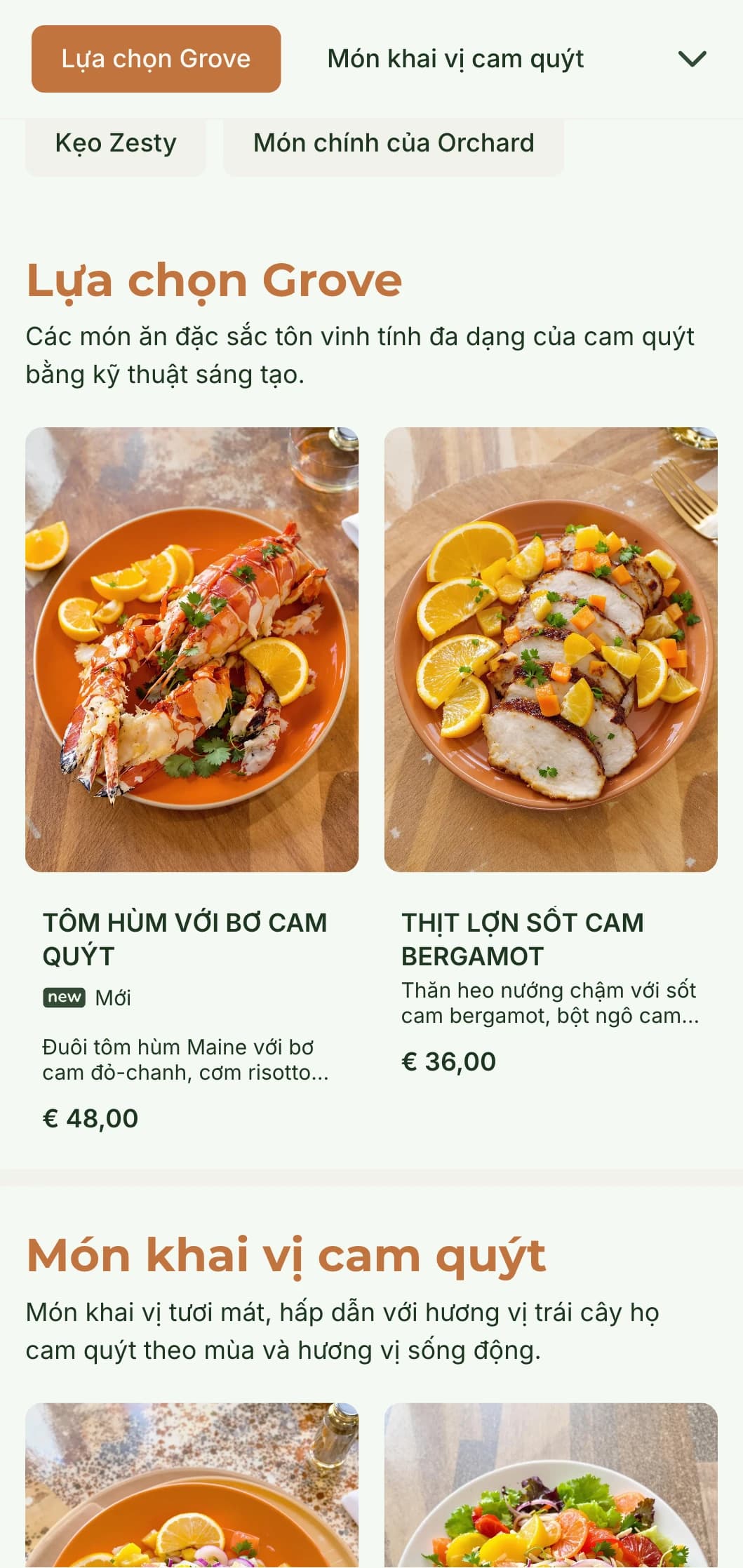 Thực đơn bữa tối tươi ngon với hương vị cam quýt và các thành phần tự nhiên, hoàn hảo cho các nhà hàng mang phong cách Địa Trung Hải.