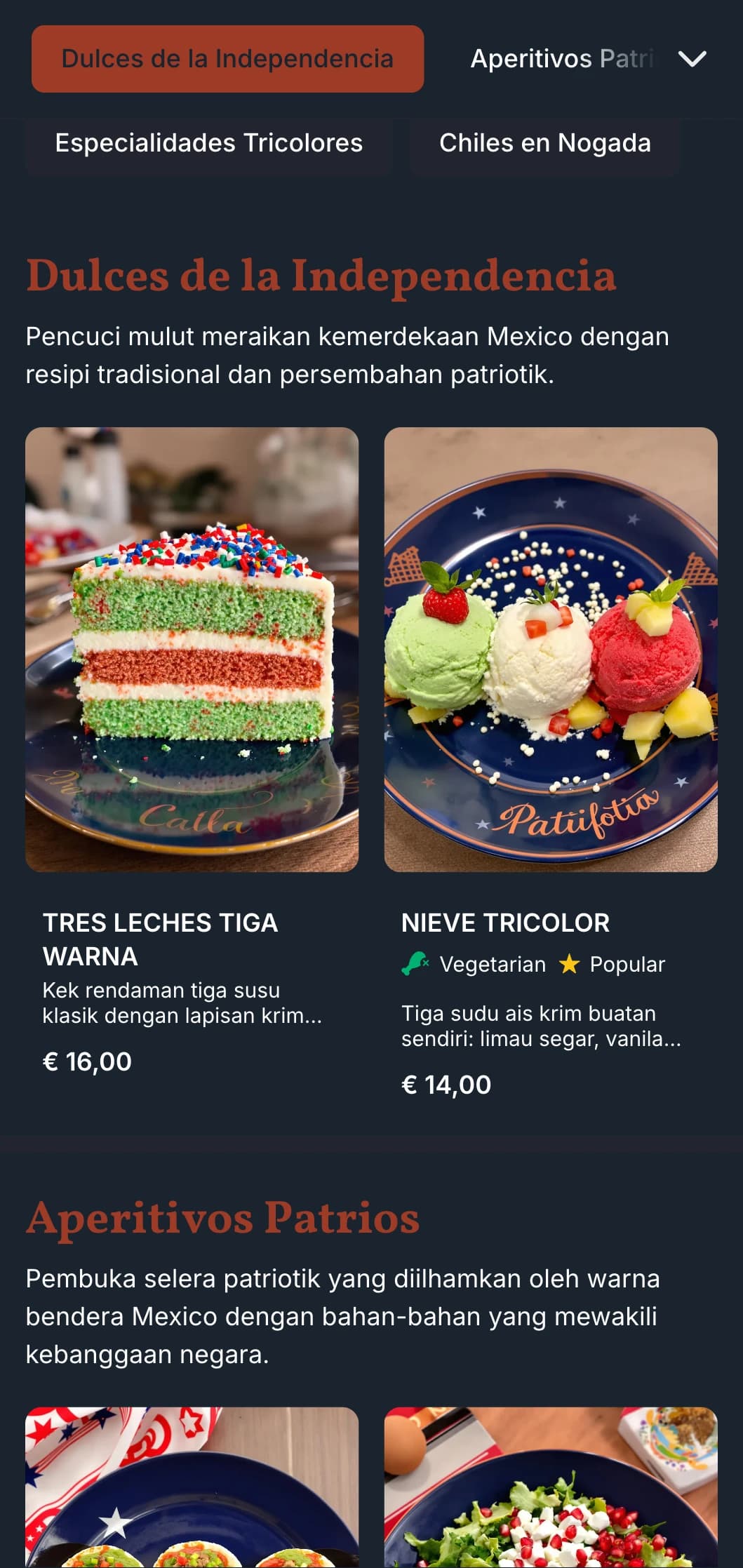 Menu patriotik dan perayaan meraikan kemerdekaan Mexico yang menampilkan unsur terakota, hijau dan putih dengan kepakaran bermusim.