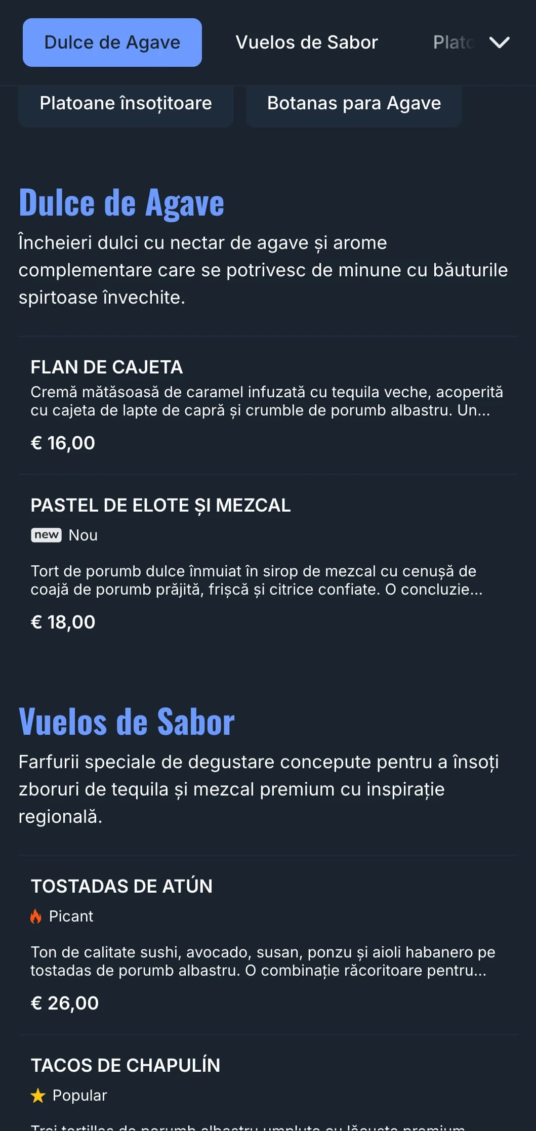 Meniu de bar sofisticat axat pe oferte premium de tequila și mezcal cu accente de agave albastre, elemente de fum și antojitos mexicane asociate.