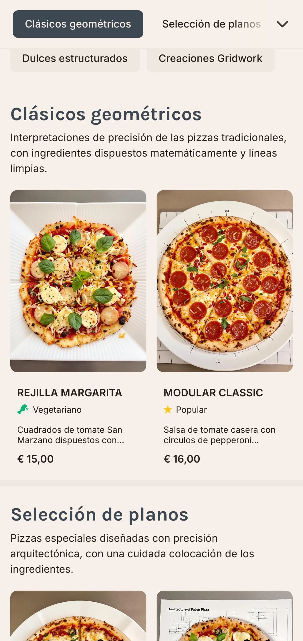 Menú de pizza moderno y geométrico con diseños de cuadrícula y elementos de diseño precisos.
