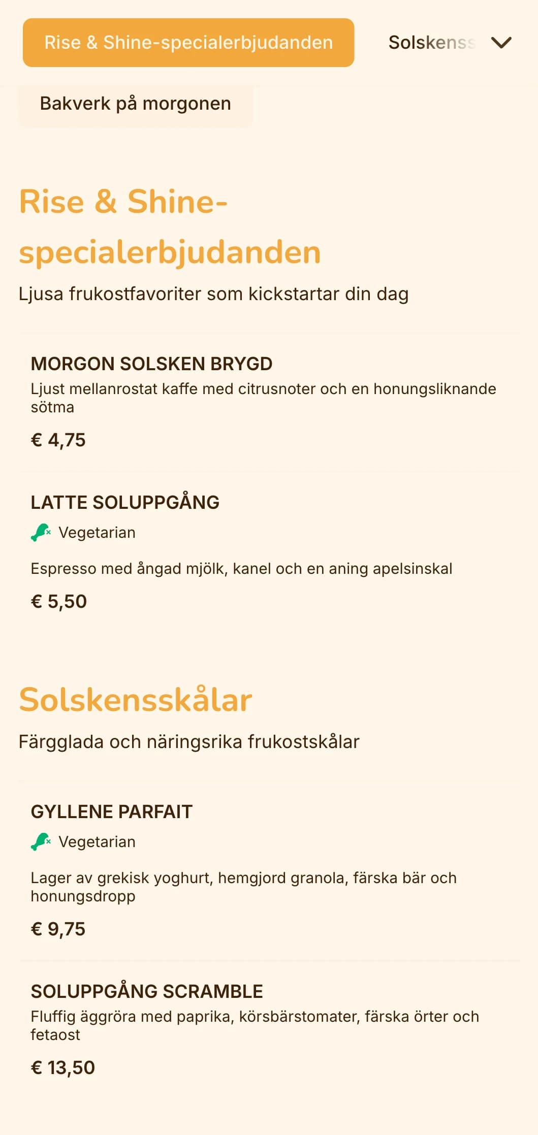 Glad design i gult och orange med soliga inslag för frukostrestauranger och brunchställen.