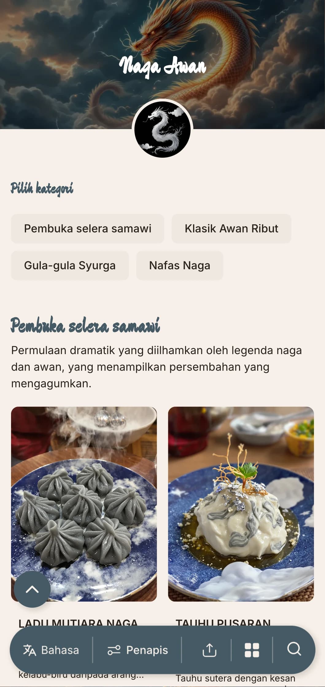 Reka bentuk menu Cina yang dramatik menampilkan motif awan dan naga, dengan unsur berkuasa untuk masakan empayar asli.