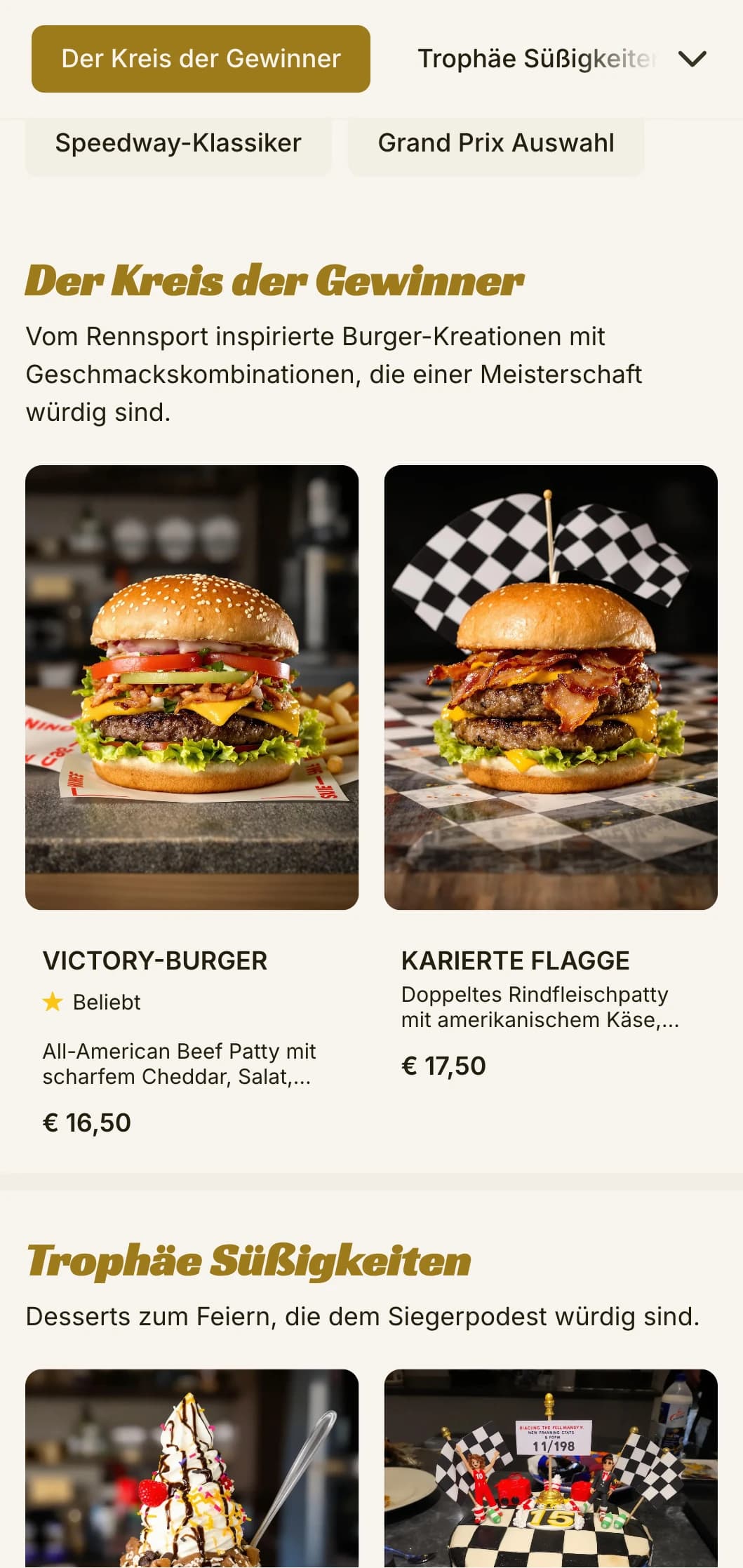 Vom Rennsport inspirierter Burgerladen mit Motorsport-Elementen und Siegesstraßen-Atmosphäre.
