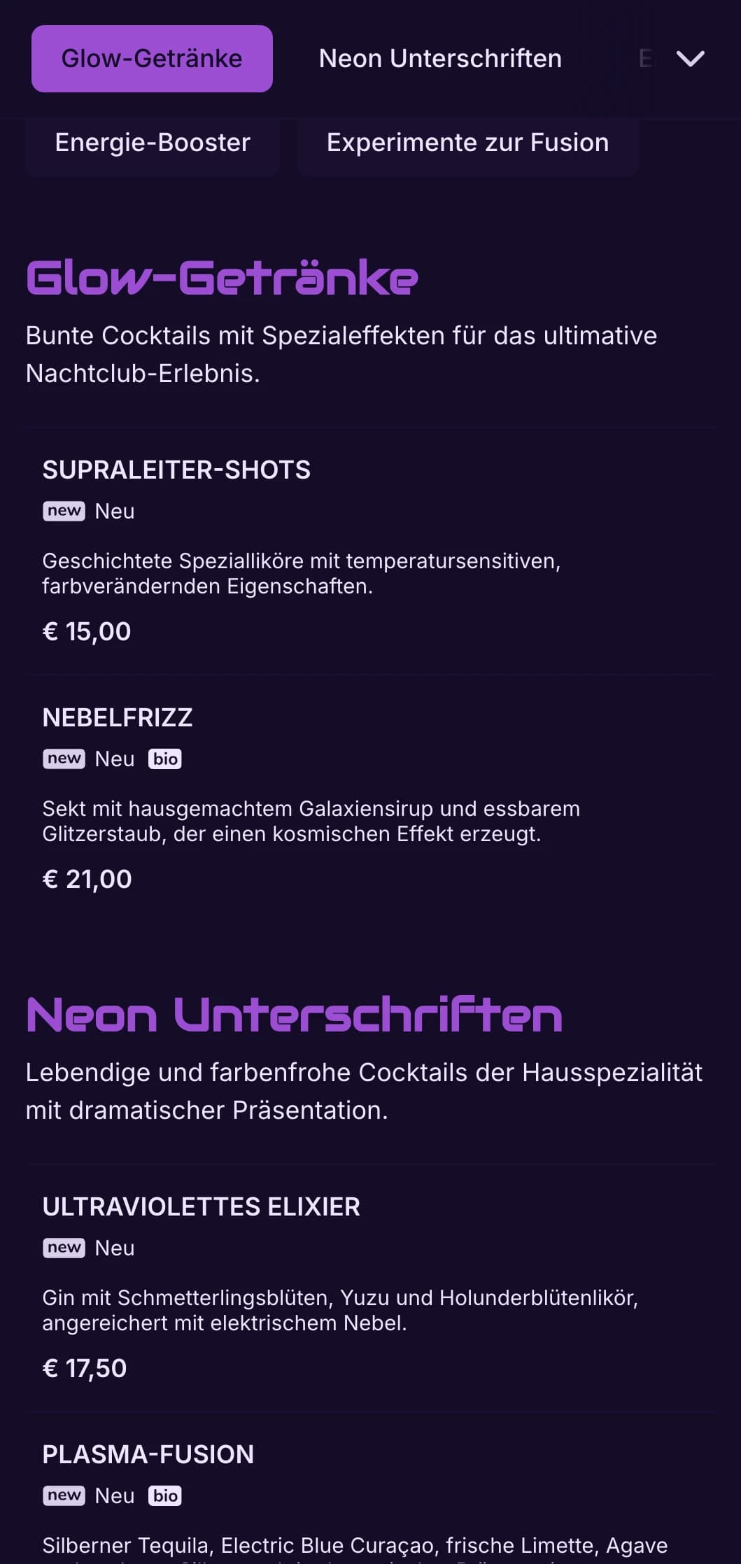 Kontrastreiches lila-schwarzes Design mit Neon-Elementen für moderne Cocktailbars.