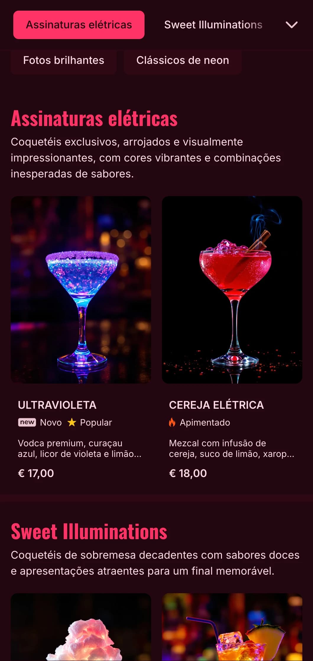 Um design de cardápio ousado e vibrante inspirado na vida noturna em neon, perfeito para bares de coquetéis e casas noturnas contemporâneas.