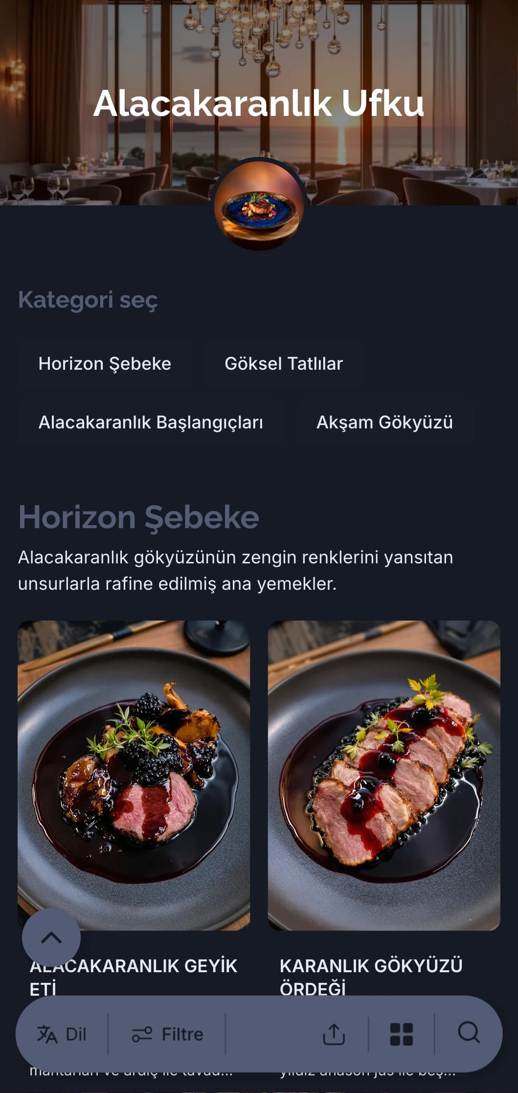 Alacakaranlık ve alacakaranlık gökyüzünün sofistike renklerinden ilham alan rafine akşam yemeği konsepti.