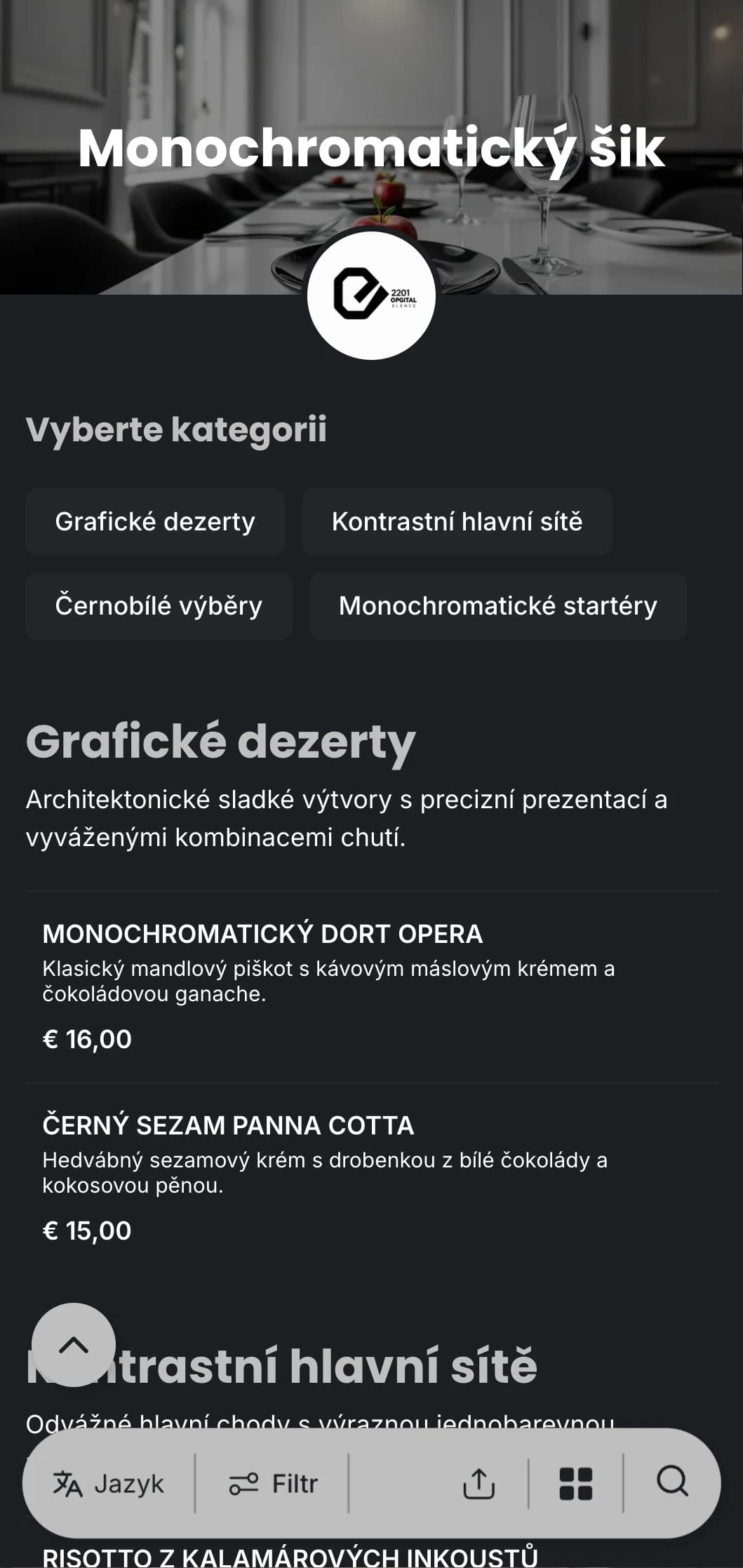 Sofistikovaný černobílý jídelní lístek s výraznou typografií a čistými liniemi, navržený pro moderní fine dining.