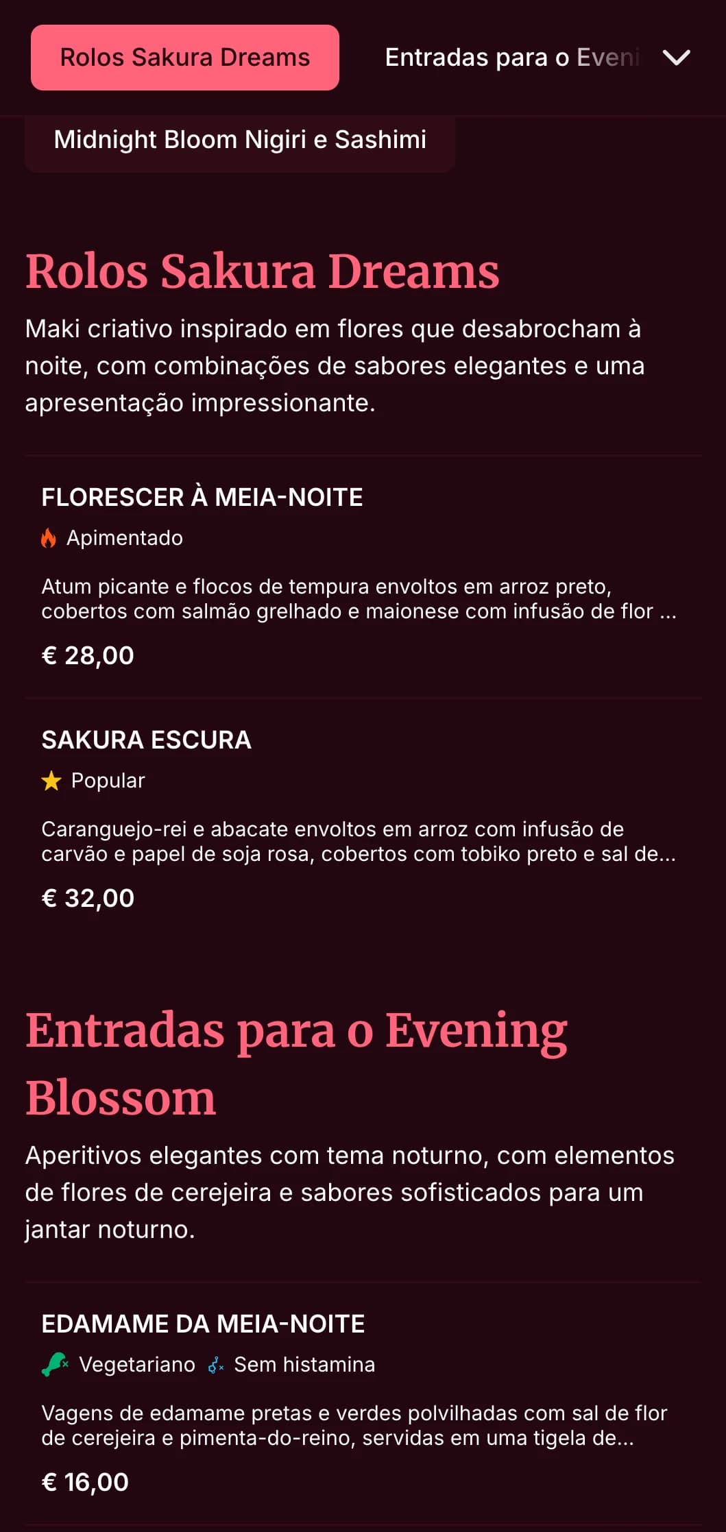 Experiência elegante de sushi à noite com motivos dramáticos de flores de cerejeira em tons de vinho profundo para um jantar de luxo.