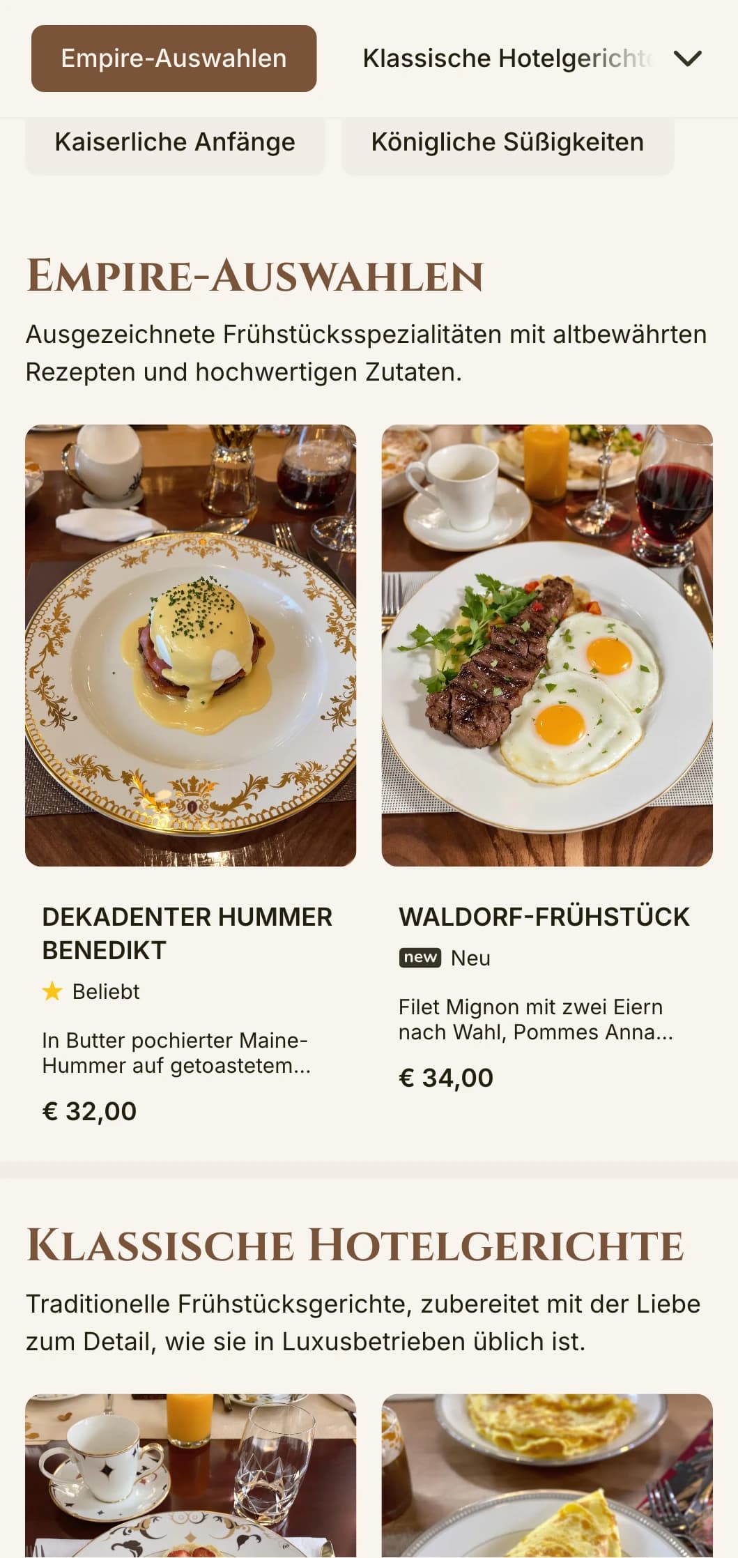 Ein großartiges Frühstückserlebnis, inspiriert vom goldenen Zeitalter der Luxushotels, präsentiert mit formaler Eleganz.