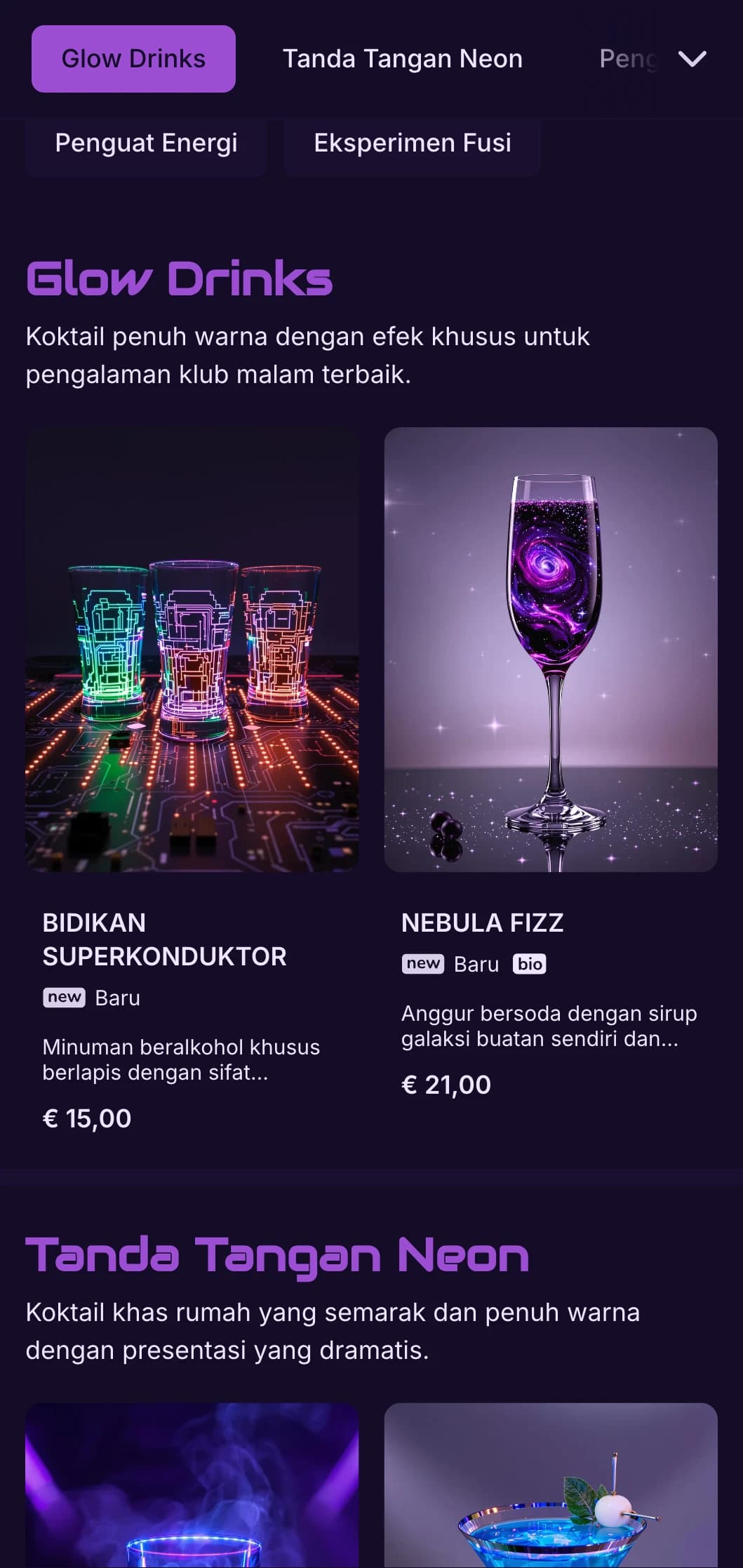 Desain ungu dan hitam yang sangat kontras dengan elemen neon untuk bar koktail kontemporer.