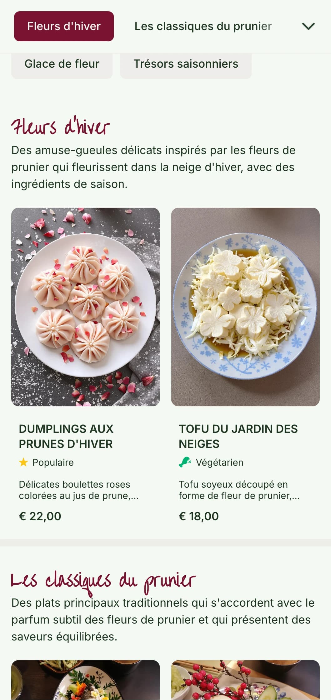 Un menu chinois frais inspiré des fleurs de prunier, avec des motifs délicats pour la cuisine saisonnière d'hiver et de printemps.
