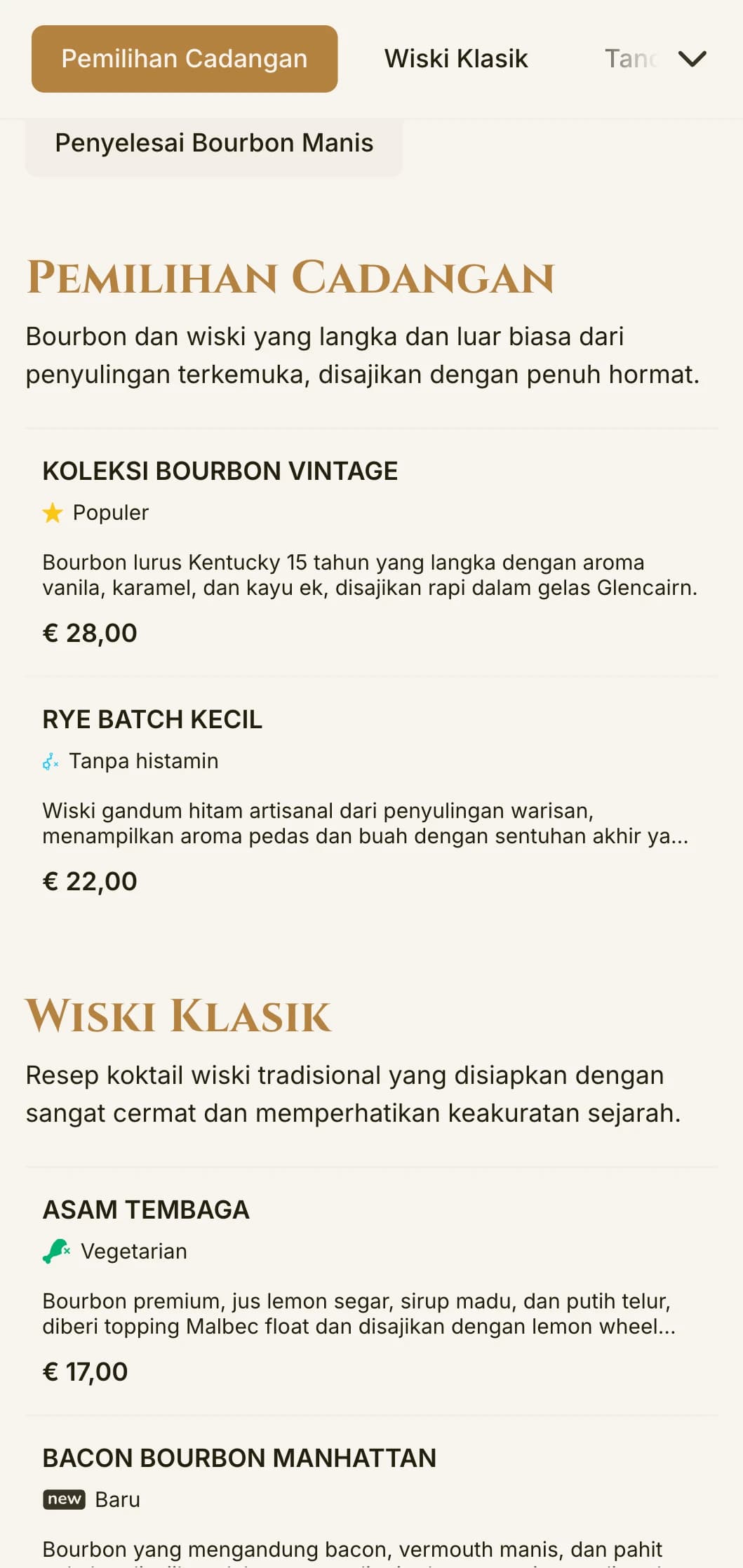 Desain yang elegan dan halus untuk bar bourbon dan lounge wiski yang menampilkan tipografi vintage dan aksen kuning yang hangat.