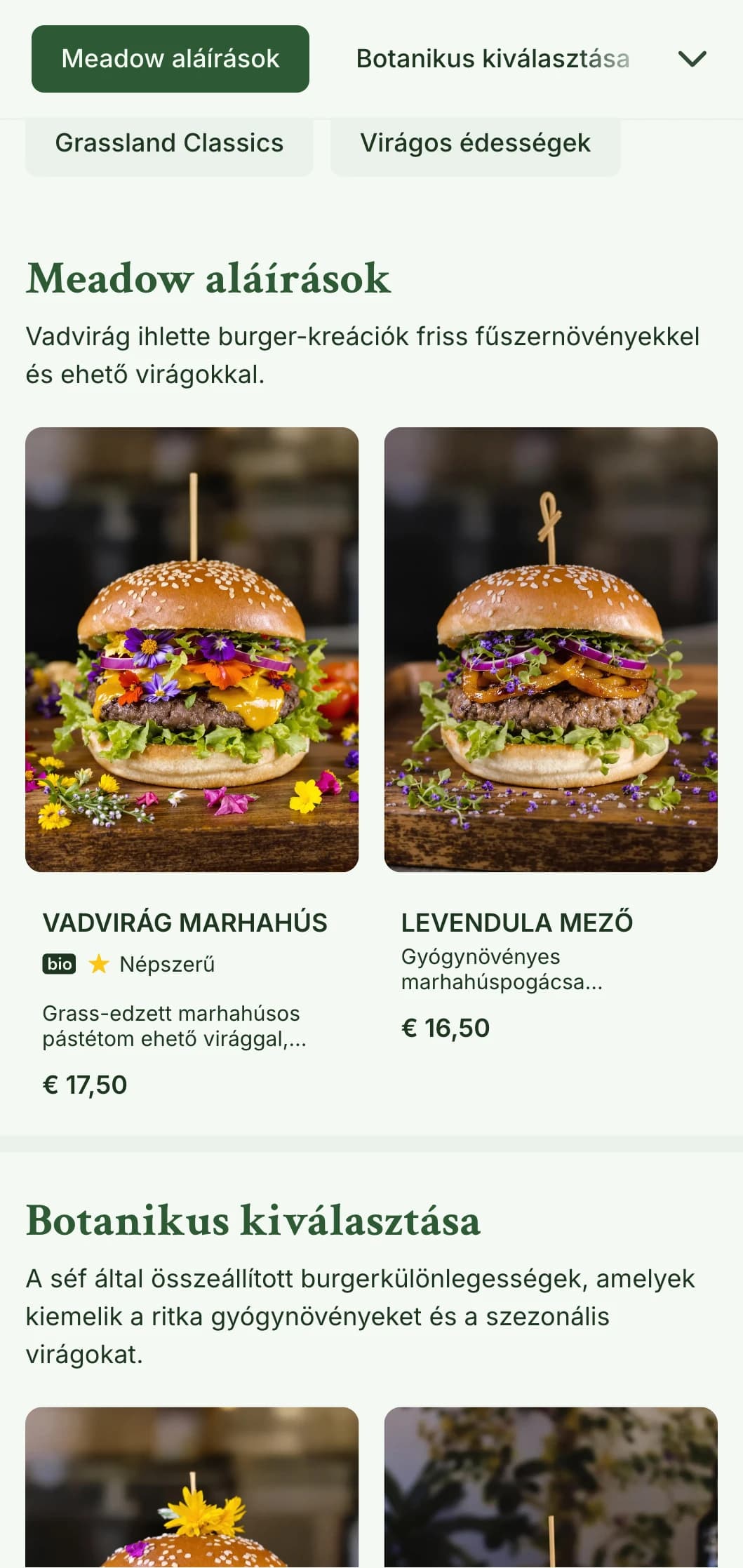 Vadvirágok és füves területek ihlette burger koncepció természetes, légies esztétikával.
