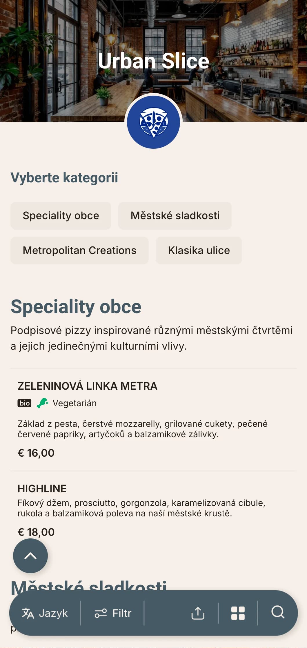 Moderní městské pizza menu s prvky industriálního designu, ideální pro pizzerie v centru města.
