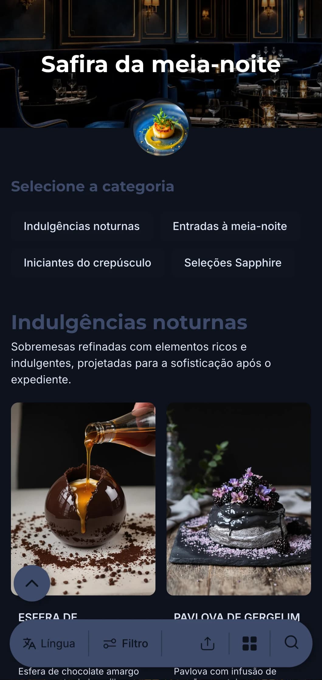 Conceito sofisticado de jantar após o expediente, com tons de azul profundo e elementos sutis de luxo para uma experiência culinária envolvente.