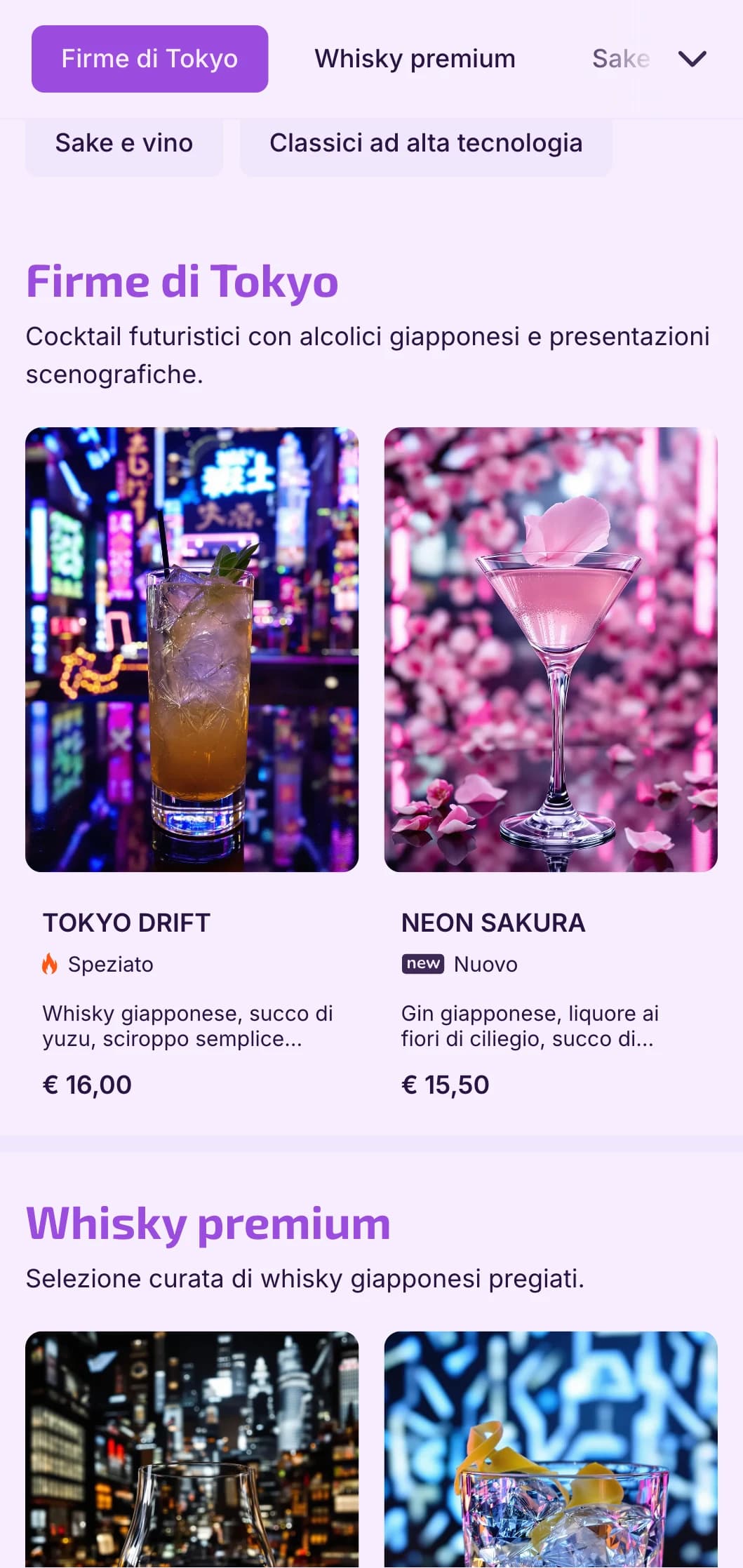 Design nero e viola intenso con elementi tecnologici per bar futuristici di ispirazione giapponese.