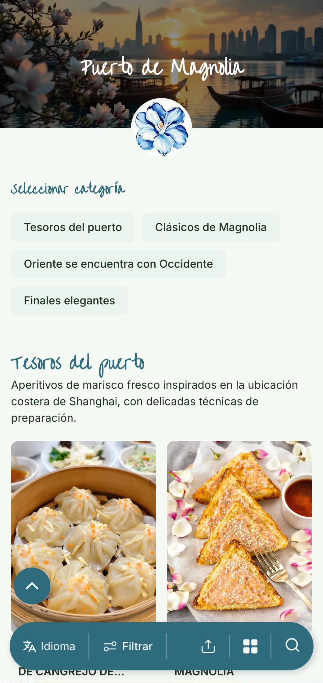 Elegante diseño de menú chino inspirado en la cocina de Shanghai y la estética portuaria, con acentos florales para una cena refinada.