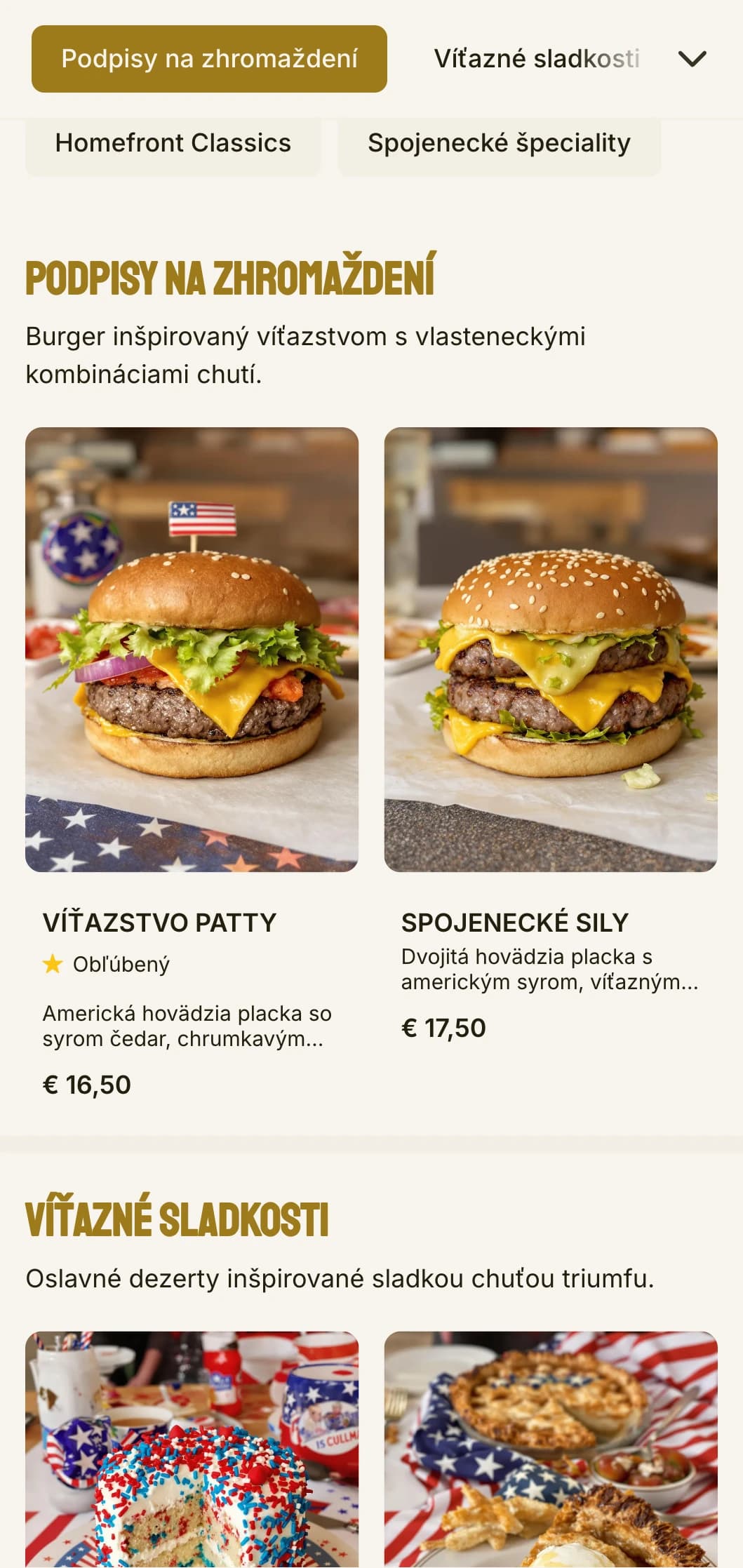 Jedáleň na hamburgery inšpirovaná obdobím druhej svetovej vojny so záhradou víťazstva a vlasteneckými prvkami.