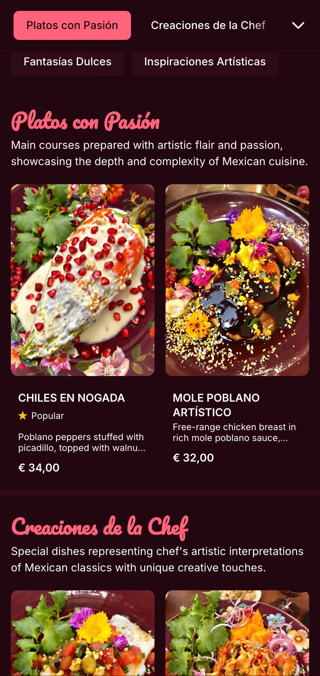 Artistic and vibrant menu inspired by Frida Kahlo featuring bright pink accents, colorful Mexican dishes, and creative presentations.