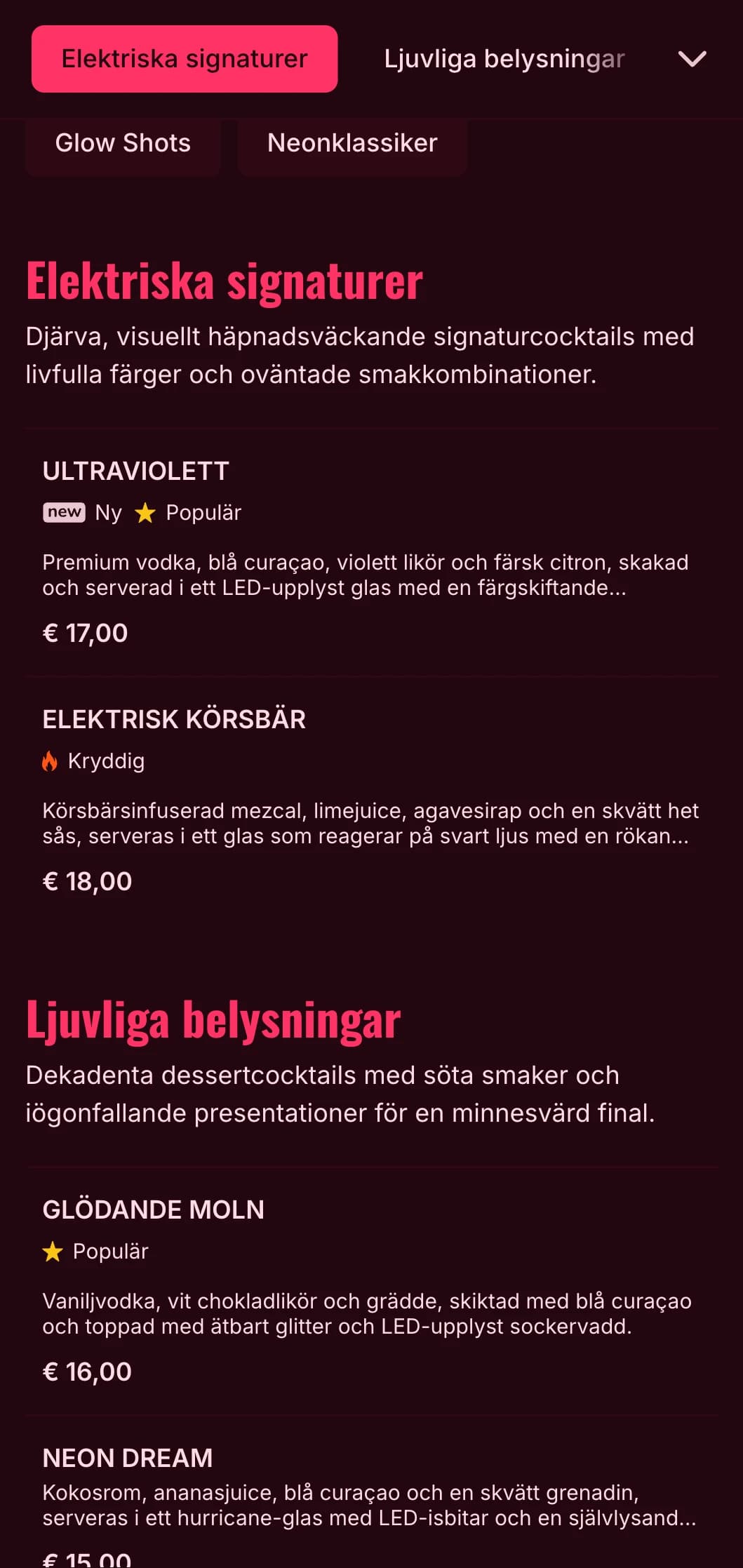 En djärv, livfull menydesign inspirerad av neonfärgat nattliv, perfekt för moderna cocktailbarer och nattklubbar.
