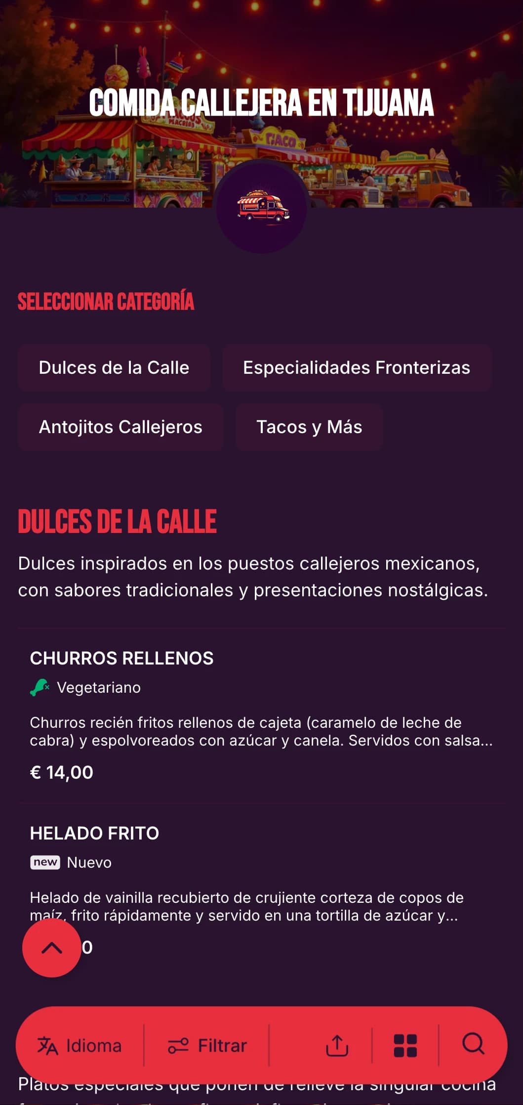 Atrevido y enérgico menú de comida callejera inspirado en la vibrante escena gastronómica de Tijuana, con colores vivos, tipografía desenfadada y auténticas especialidades de tacos.