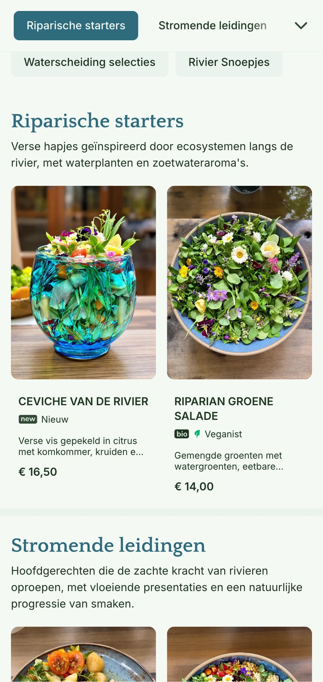 Rustig, op water geïnspireerd lunchmenu-ontwerp met vloeiende elementen en koele tinten, perfect voor restaurants met uitzicht op de rivier of locaties aan het water.