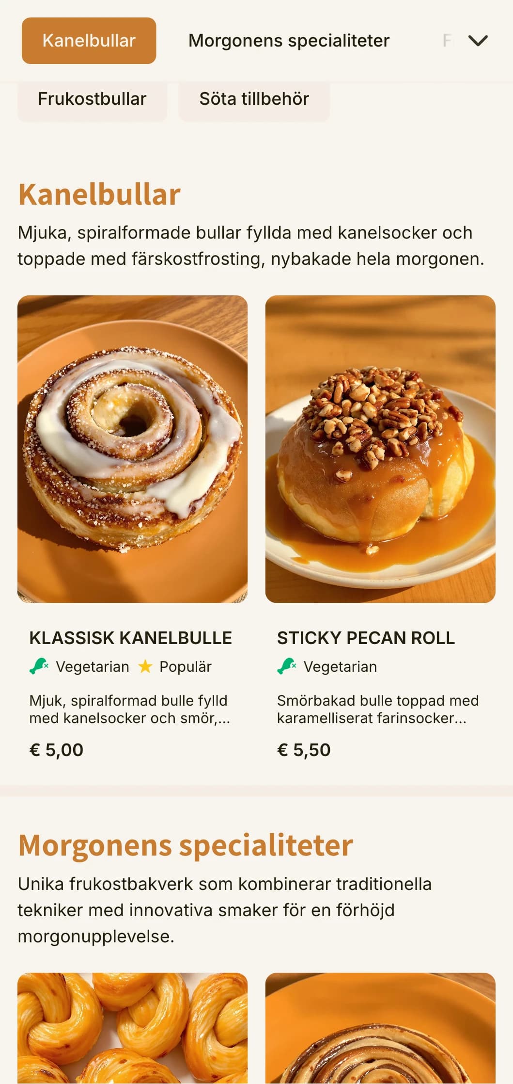 En varm, inbjudande bagerimeny med orange-bruna toner och vänlig typografi, perfekt för kanelbullebutiker och morgonbagerier.