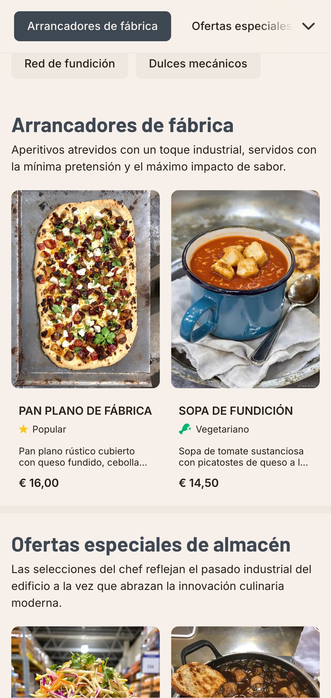 Diseño de menú de almuerzo crudo y urbano con estética industrial y tipografía atrevida, adecuado para restaurantes de almacenes reconvertidos y restaurantes de estilo urbano.