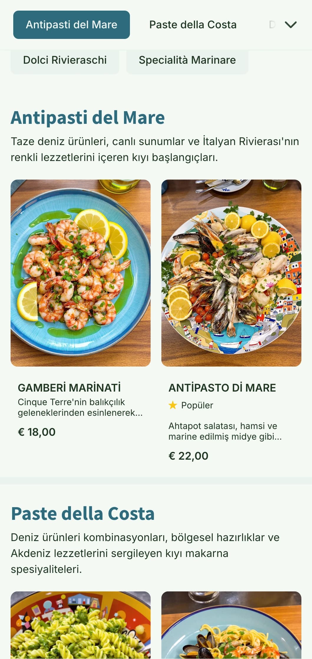 Cinque Terre'nin renkli balıkçı köylerinden ve kıyı İtalyan mutfağından ilham alan canlı tasarım.