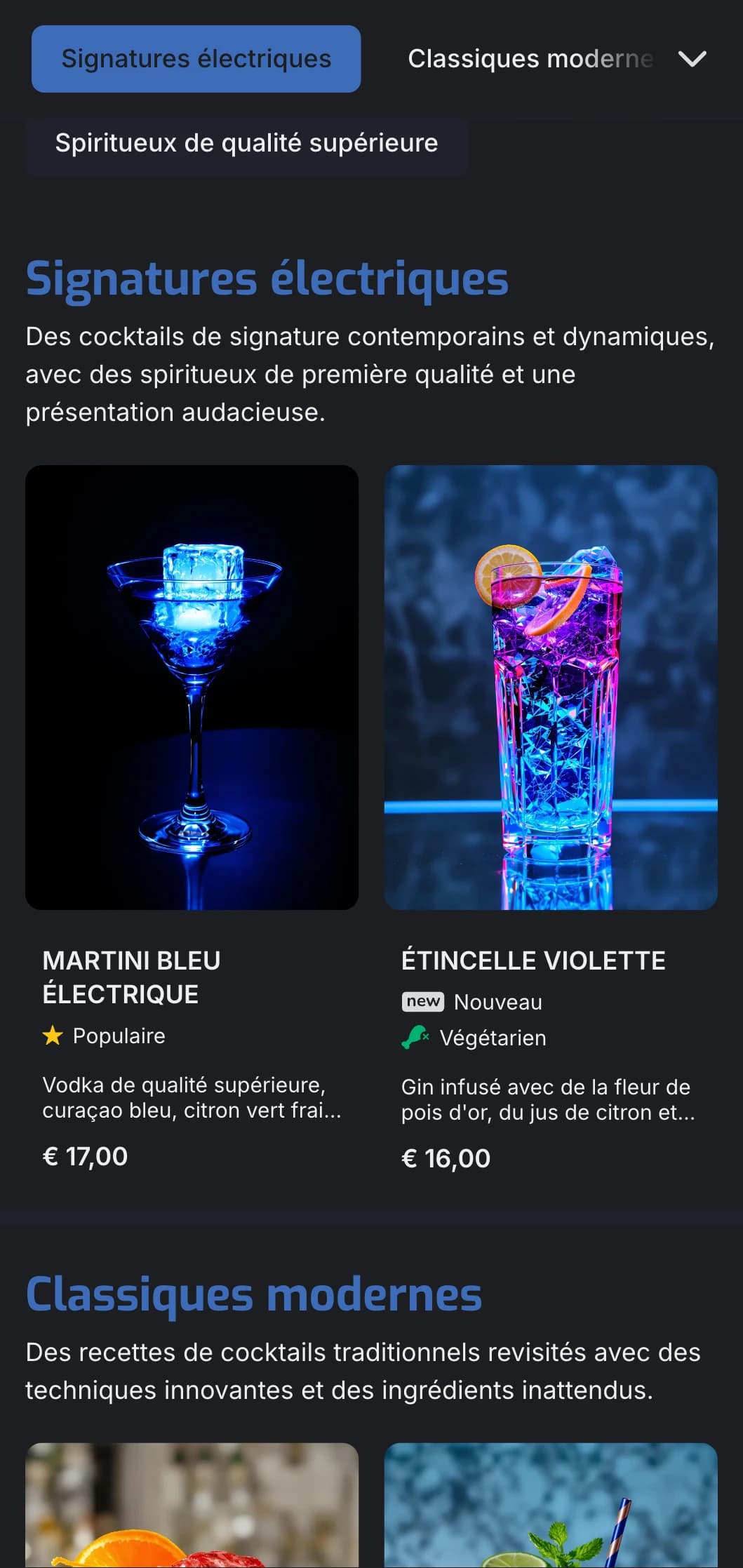 Un design vibrant et contemporain pour les bars à cocktails et les salons modernes, avec des accents bleus électriques et une typographie épurée.