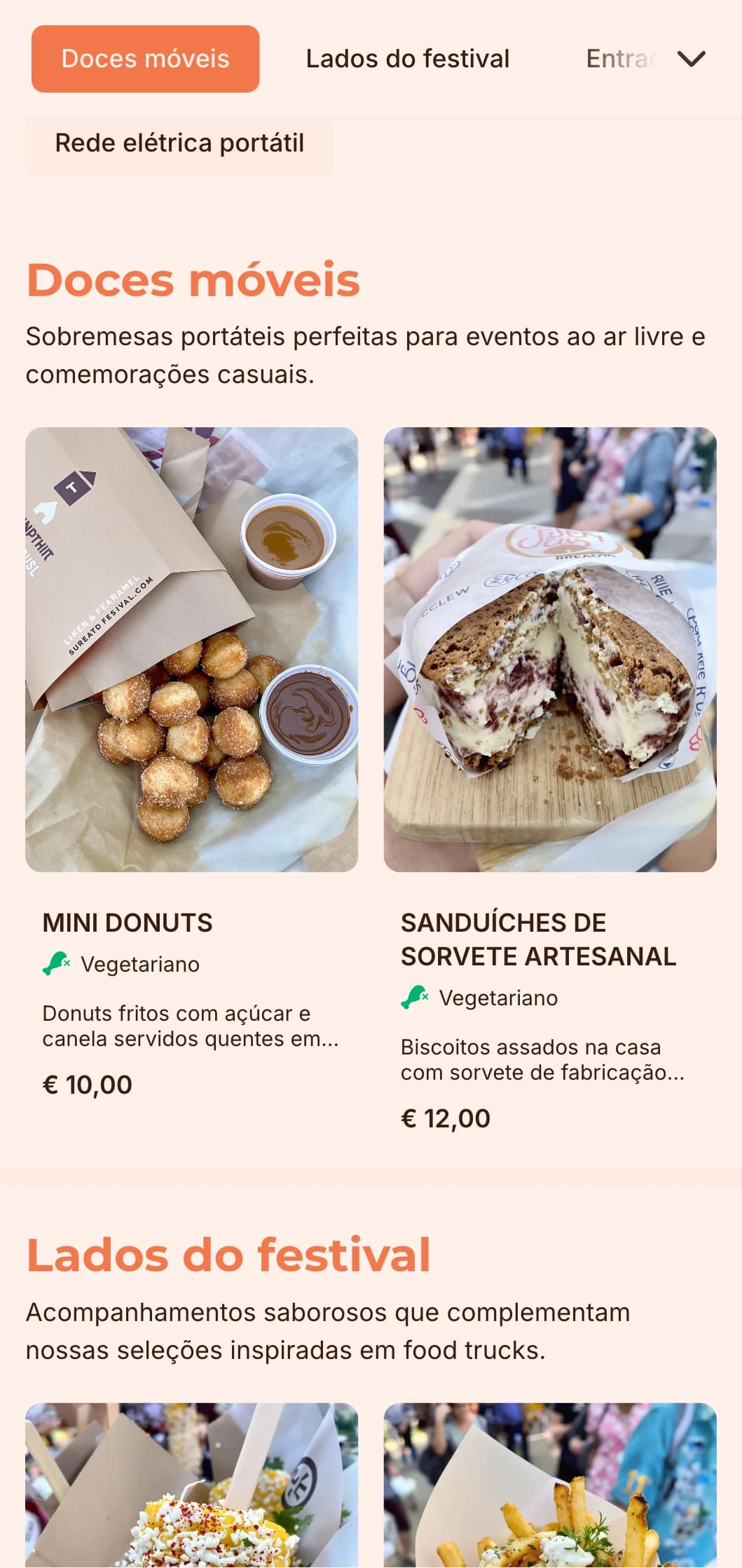 Serviço de bufê divertido e acessível, inspirado na culinária dos food trucks, com pratos favoritos e apresentação casual para eventos e festivais ao ar livre.
