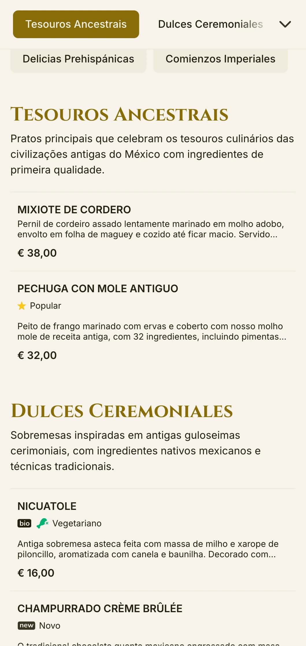 Cardápio elegante inspirado na antiga cultura asteca, com luxuosos detalhes em ouro, simbolismo histórico e pratos tradicionais de alta qualidade em pergaminho de marfim.