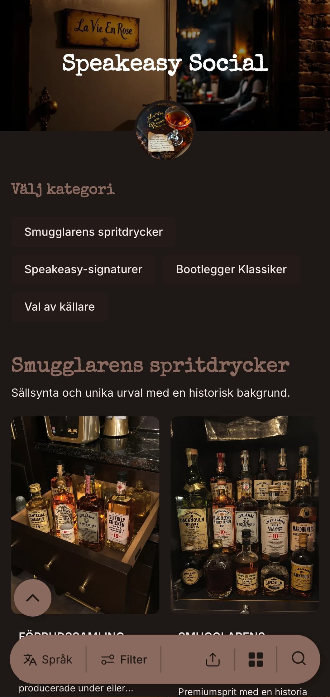 Mörk, mystisk design med vintage skrivmaskinselement för dolda cocktailbarer.