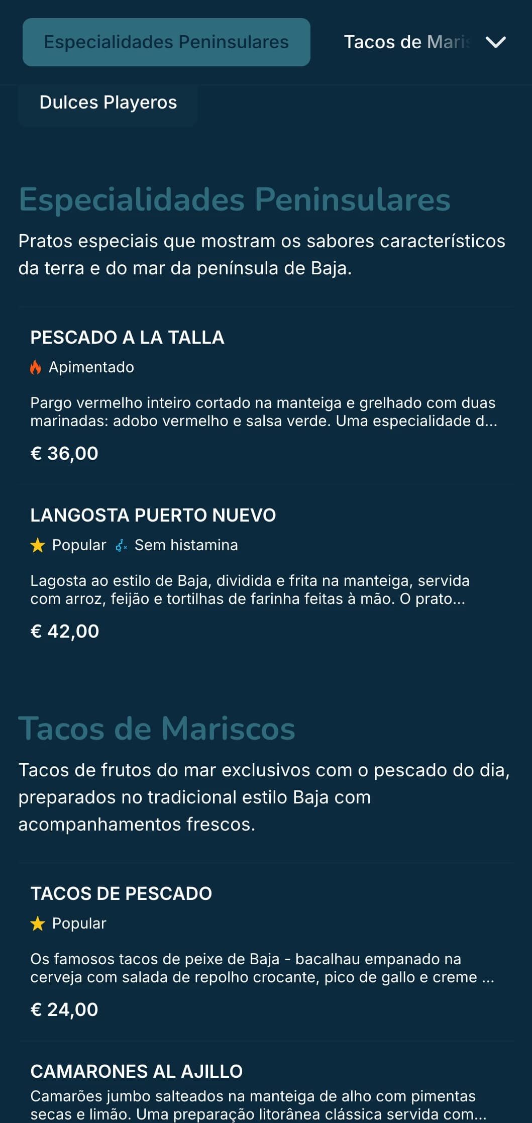 Cardápio leve e refrescante inspirado em Baja, com tacos de frutos do mar, ingredientes frescos e toques de azul litorâneo com um clima moderno de praia.