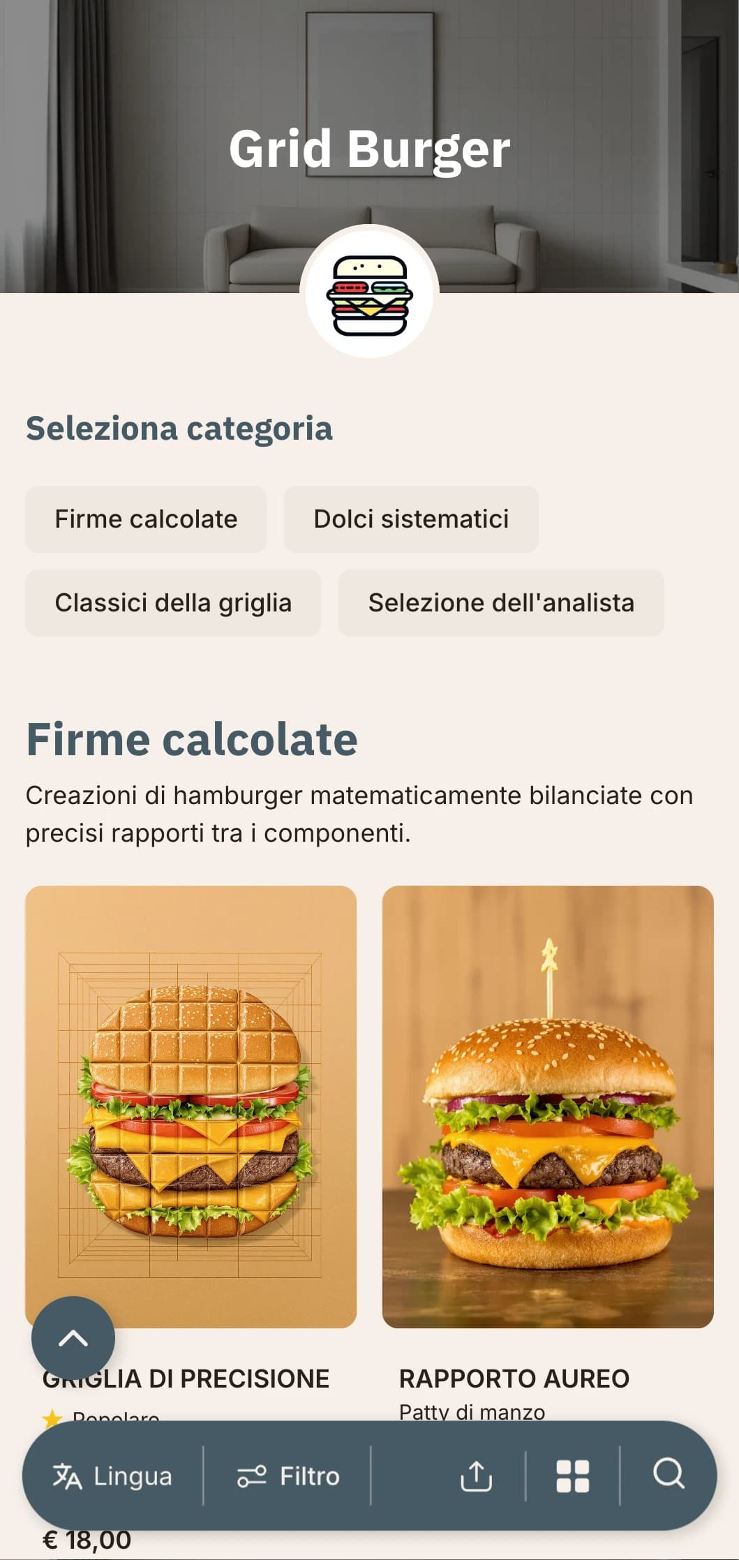 Concetto di hamburger di precisione matematica con layout a griglia e presentazione sistematica.