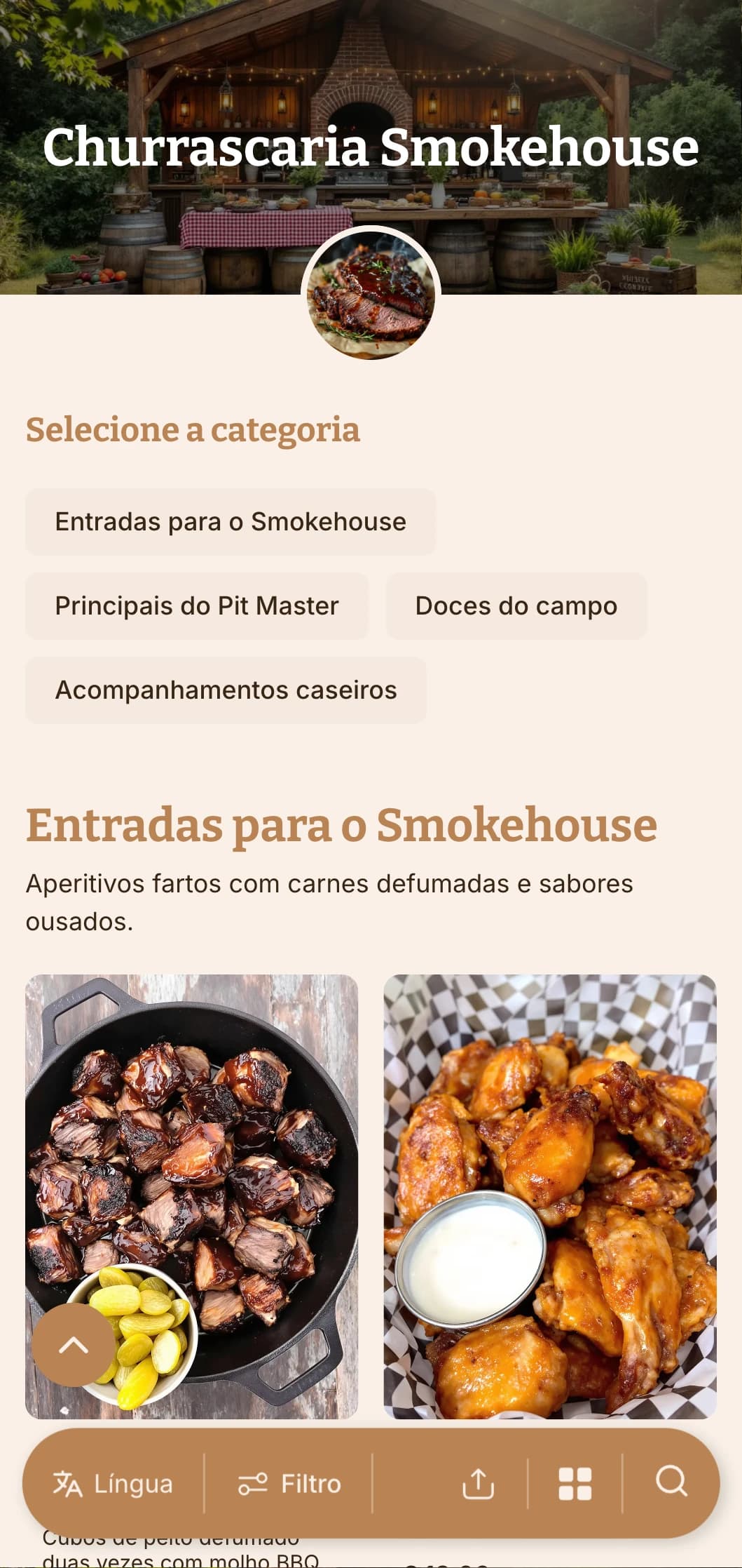 Serviço de bufê com foco em churrasco, com carnes defumadas, acompanhamentos caseiros e apresentação rústica para reuniões ao ar livre e comemorações casuais.