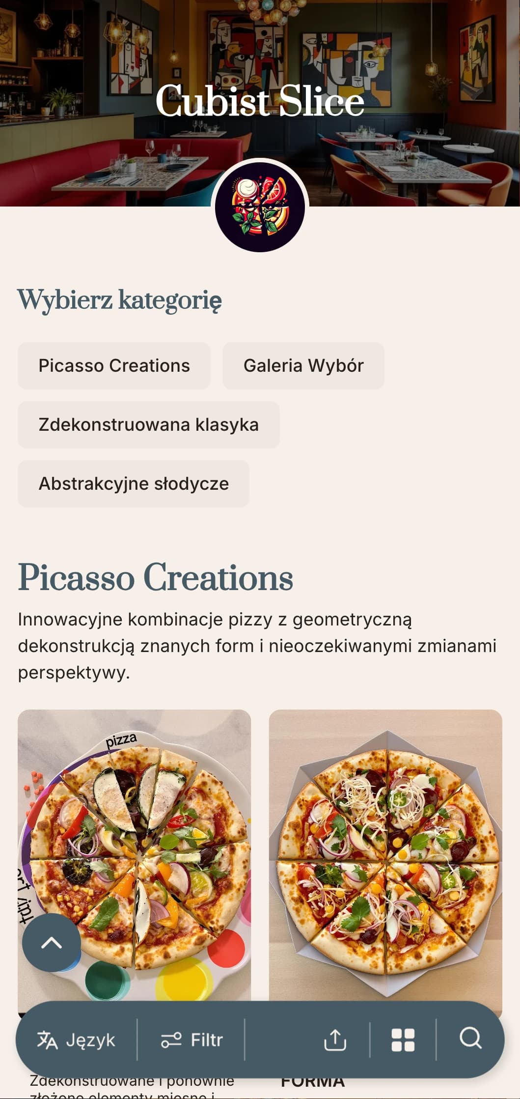 Menu pizzy inspirowane Picassem z abstrakcyjnymi elementami geometrycznymi i artystycznym układem.