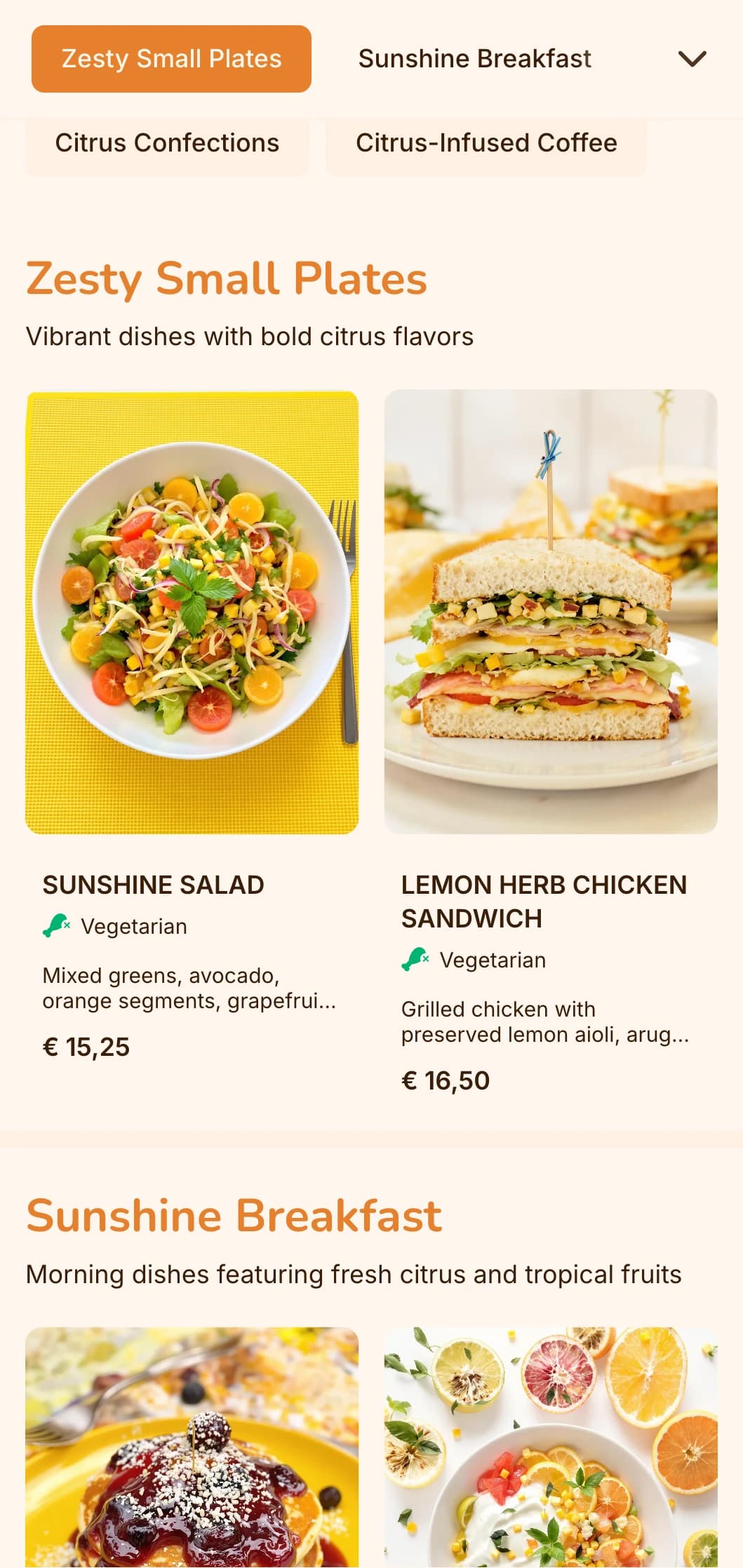 Bright orange design with citrus elements for fruit-focused cafes and juice bars.
