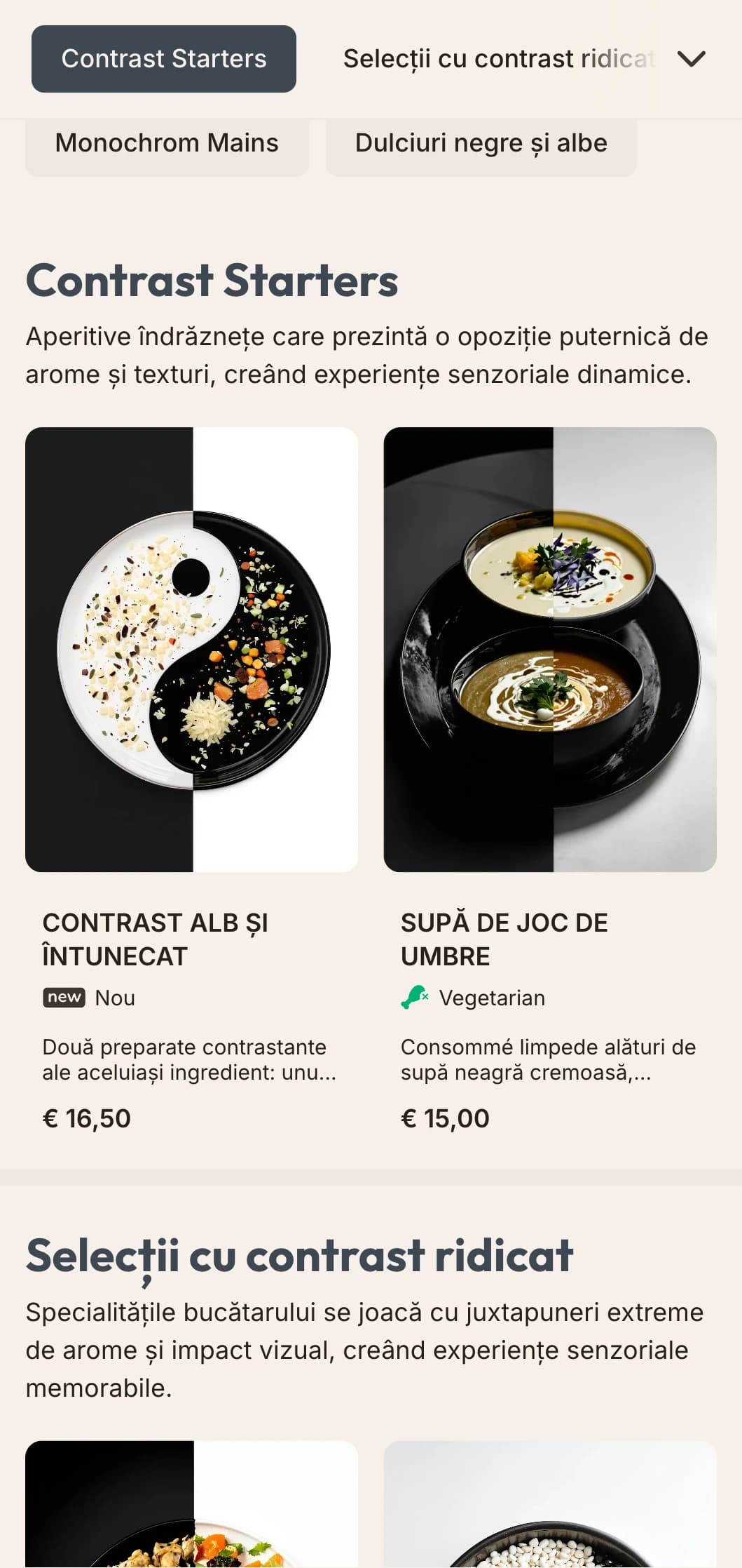 Design de meniu de prânz alb-negru, cu contrast ridicat și tipografie îndrăzneață, perfect pentru restaurante minimaliste și spații de artă contemporană.