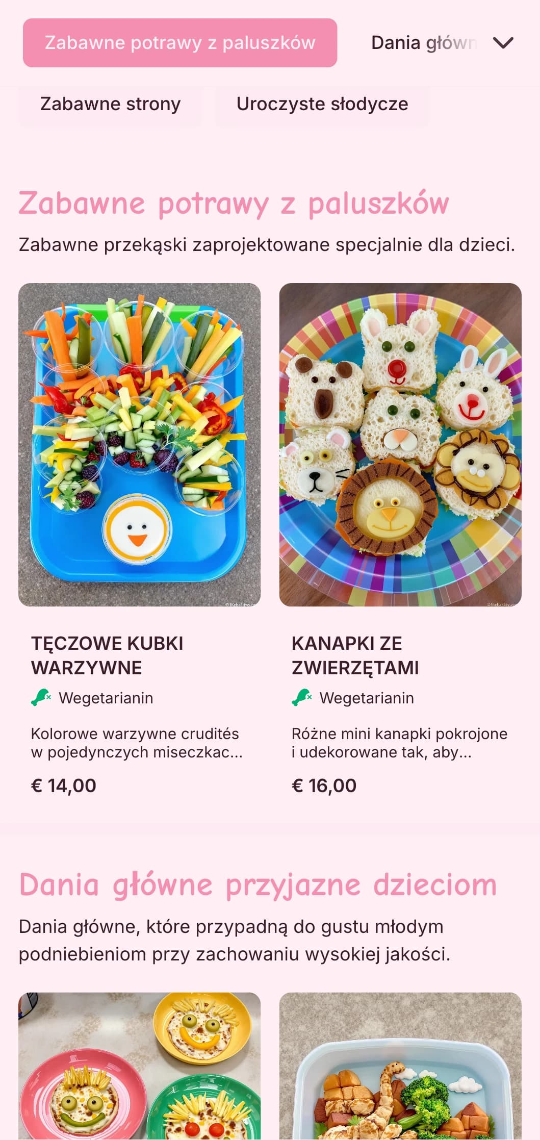 Zabawny, kolorowy catering zaprojektowany specjalnie na imprezy dla dzieci z zabawną prezentacją, opcjami przyjaznymi dzieciom i interaktywnymi stacjami z jedzeniem.