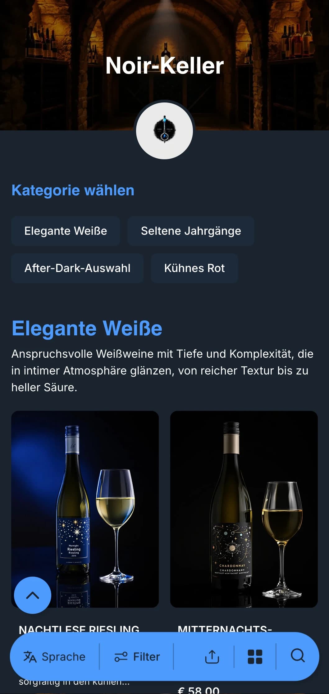 Anspruchsvolle Vorlage für eine Weinkarte mit dunklem Thema und auffälligen blauen Akzenten vor tiefem marineblauem Hintergrund, ideal für intime Weinlokale und Abendveranstaltungen.